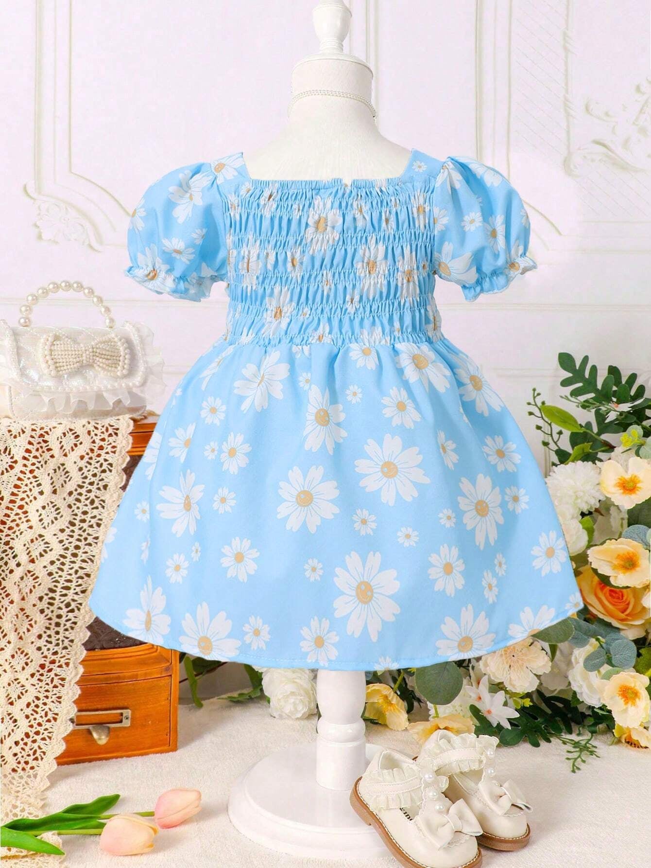 Baby Girl Floral Print Bow Front Puff Sleeve Dress