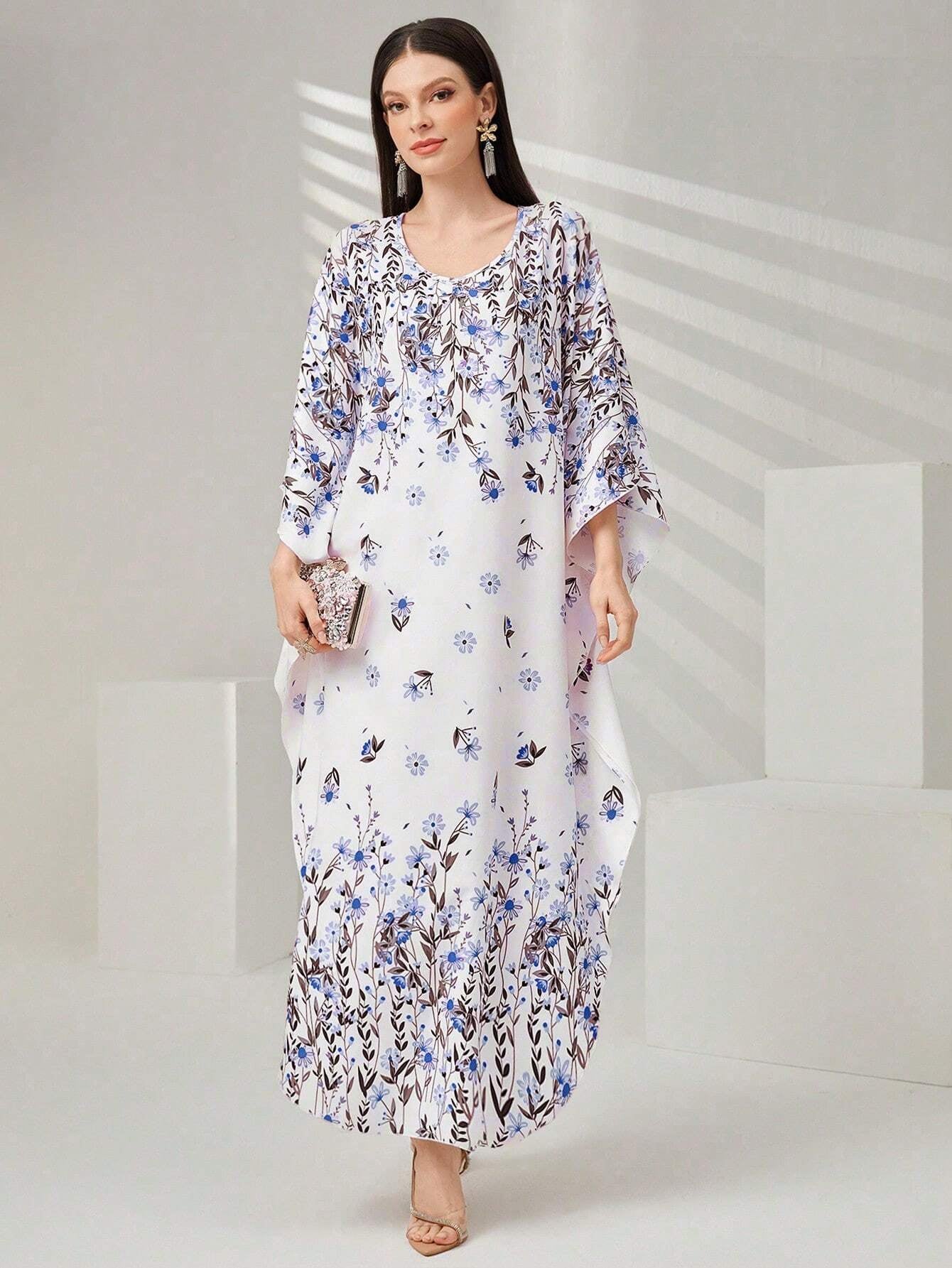 Najma Women'S Floral Print Batwing Sleeve Turkish Long Shirt