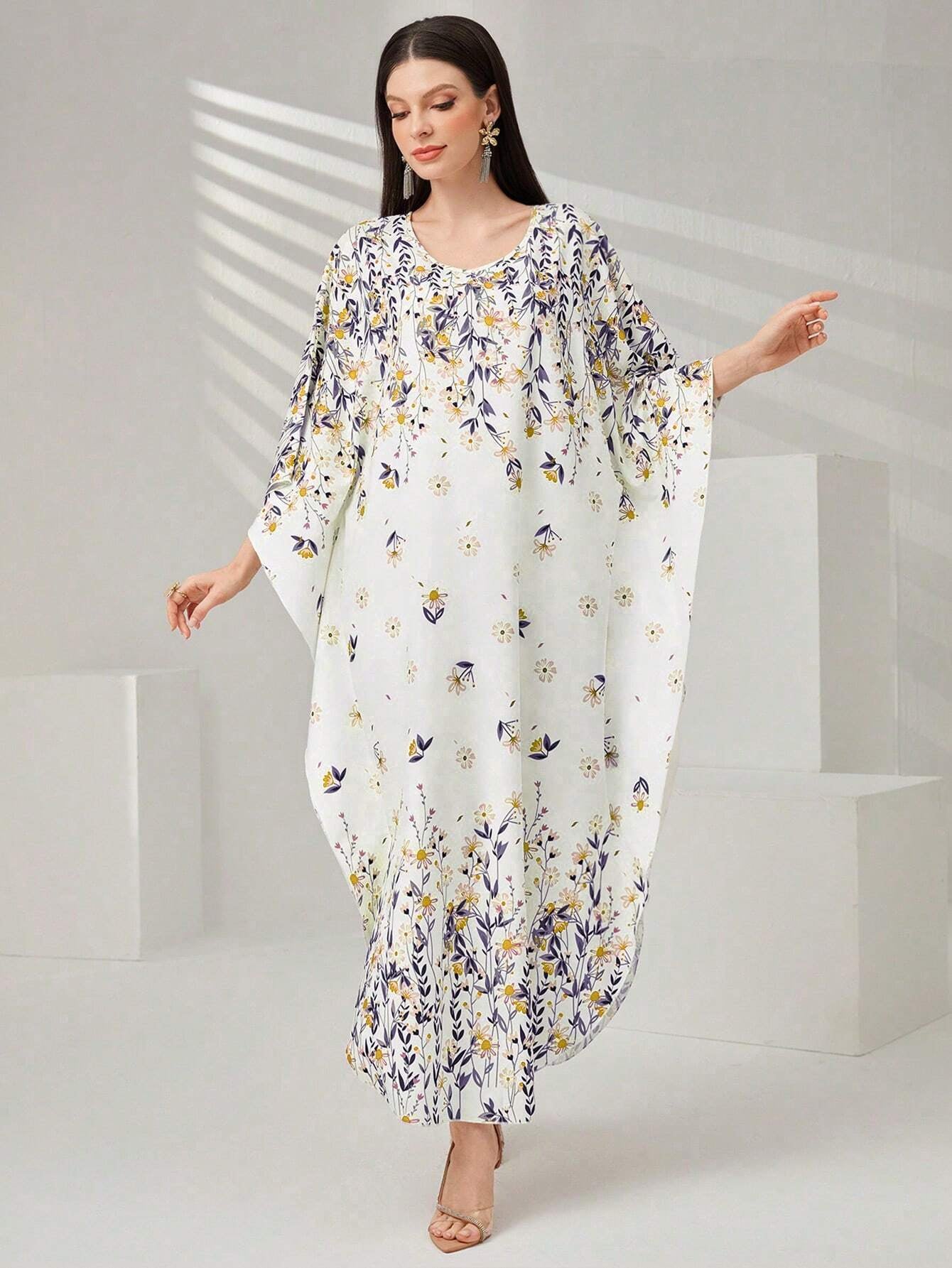 Najma Women'S Floral Print Batwing Sleeve Turkish Long Shirt