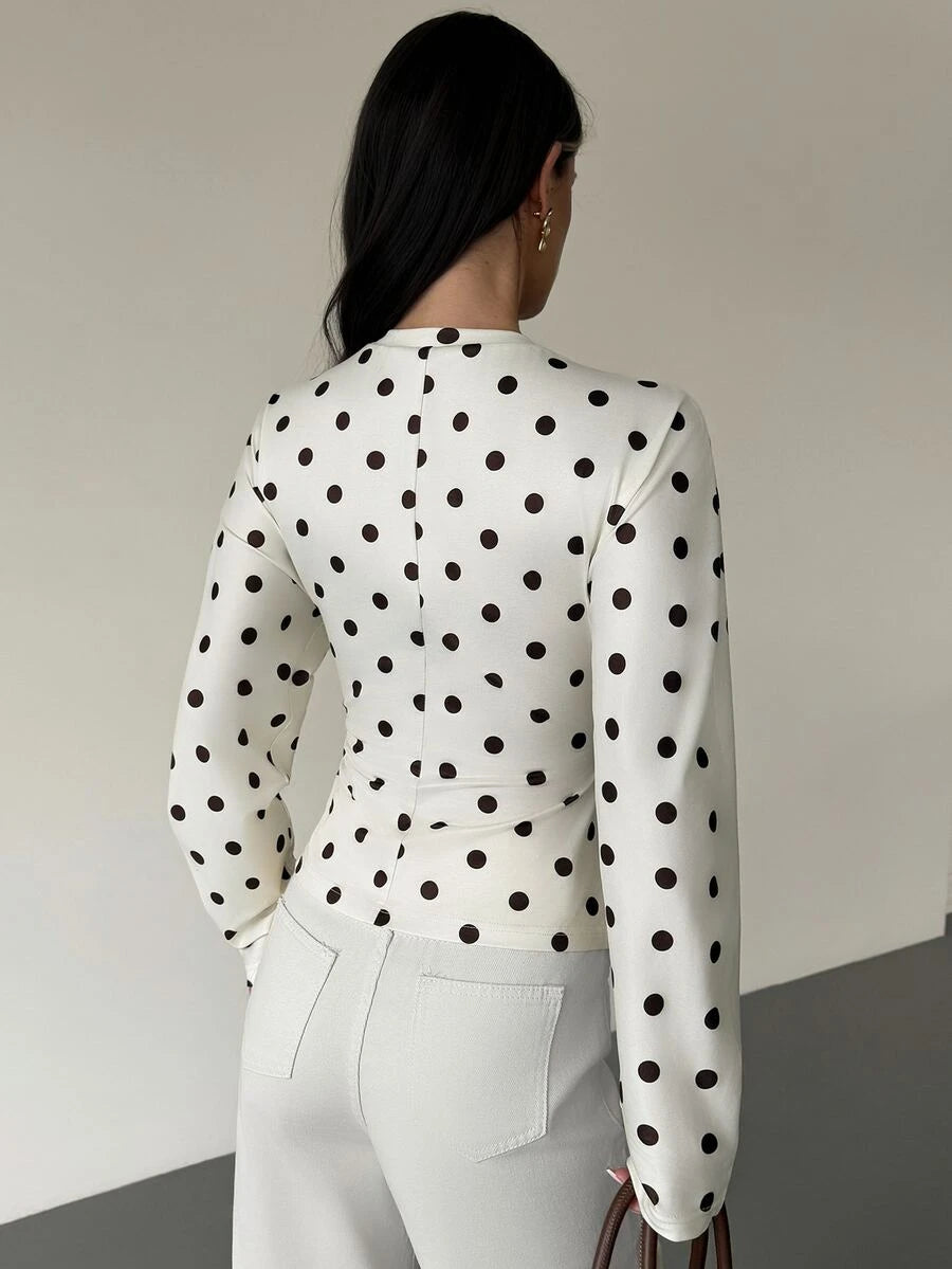 SHEIN Firerie تي شيرت بطبعة منقطة بياقة دائرية وأكمام فانوس وخصر محدد