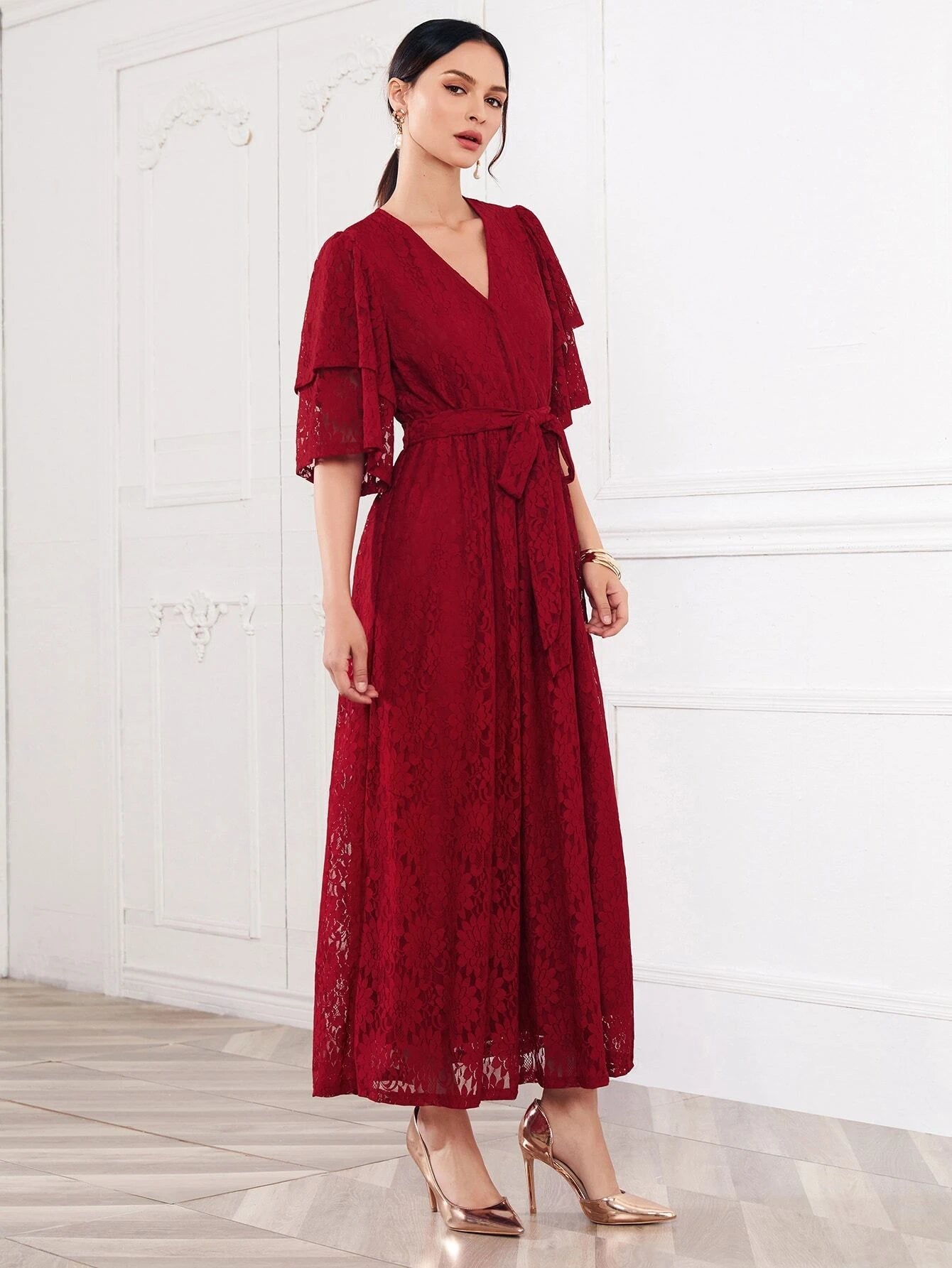 Modely Surplice Neck Butterfly Sleeve Belted Lace Overlay Dress