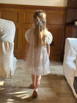 Young Girls' Vintage Floral Patchwork Mesh Bubble Sleeve Dress with Print, Casual Style
