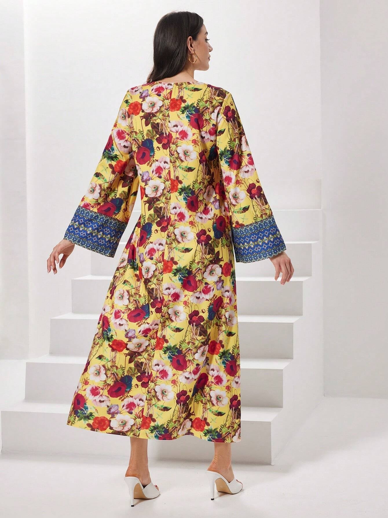 Najma Floral Print V Neck Flounce Sleeve Dress