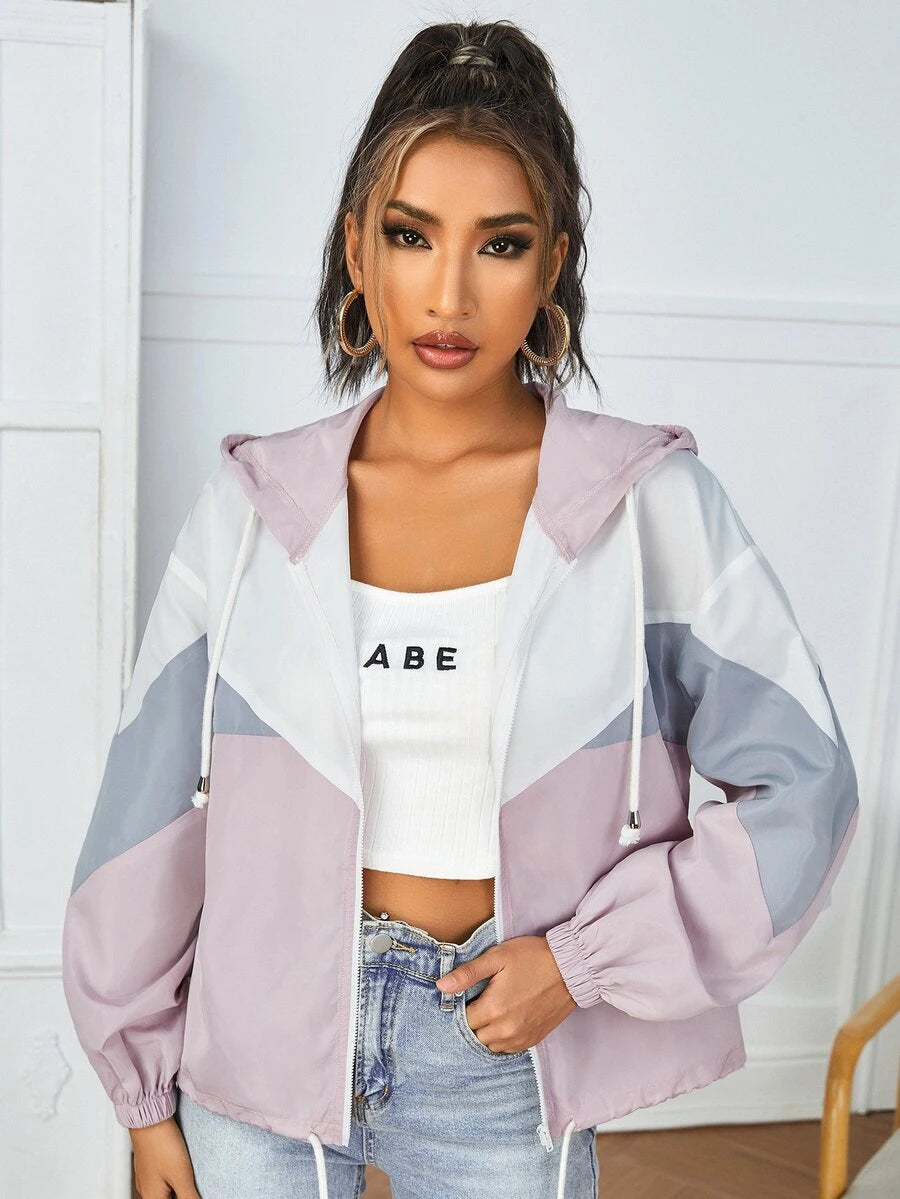 SHEIN PETITE جاكيت نسائي بغطاء رأس وسحاب وأربطة قابلة للسحب