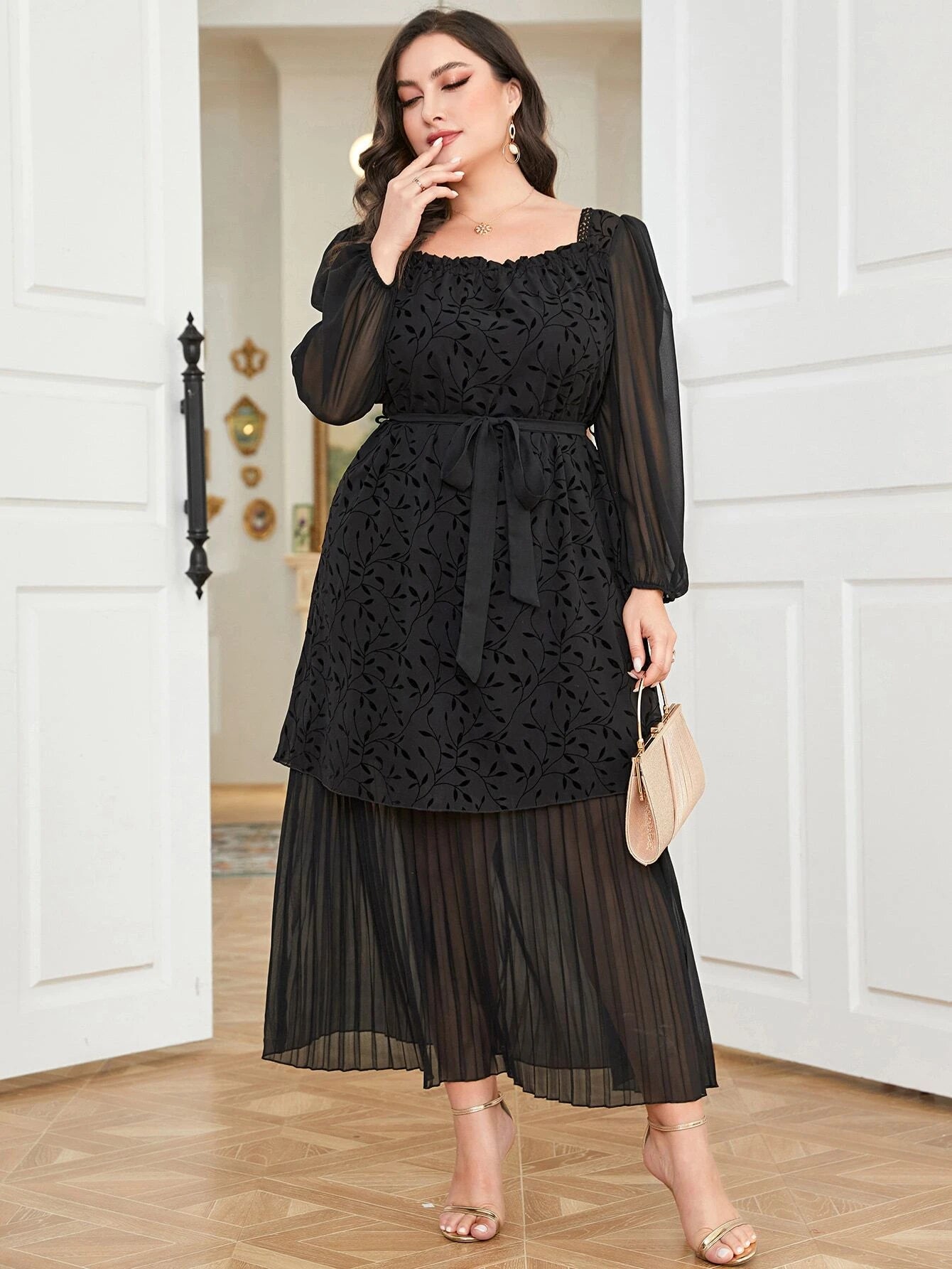Mulvari plus Contrast Mesh Pleated Hem Belted Dress