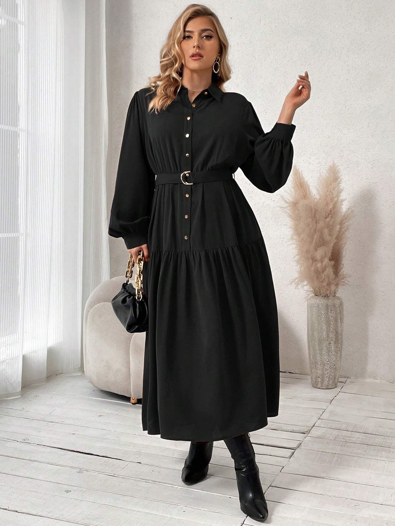 Frenchy plus Lantern Sleeve Ruffle Hem Belted Shirt Dress