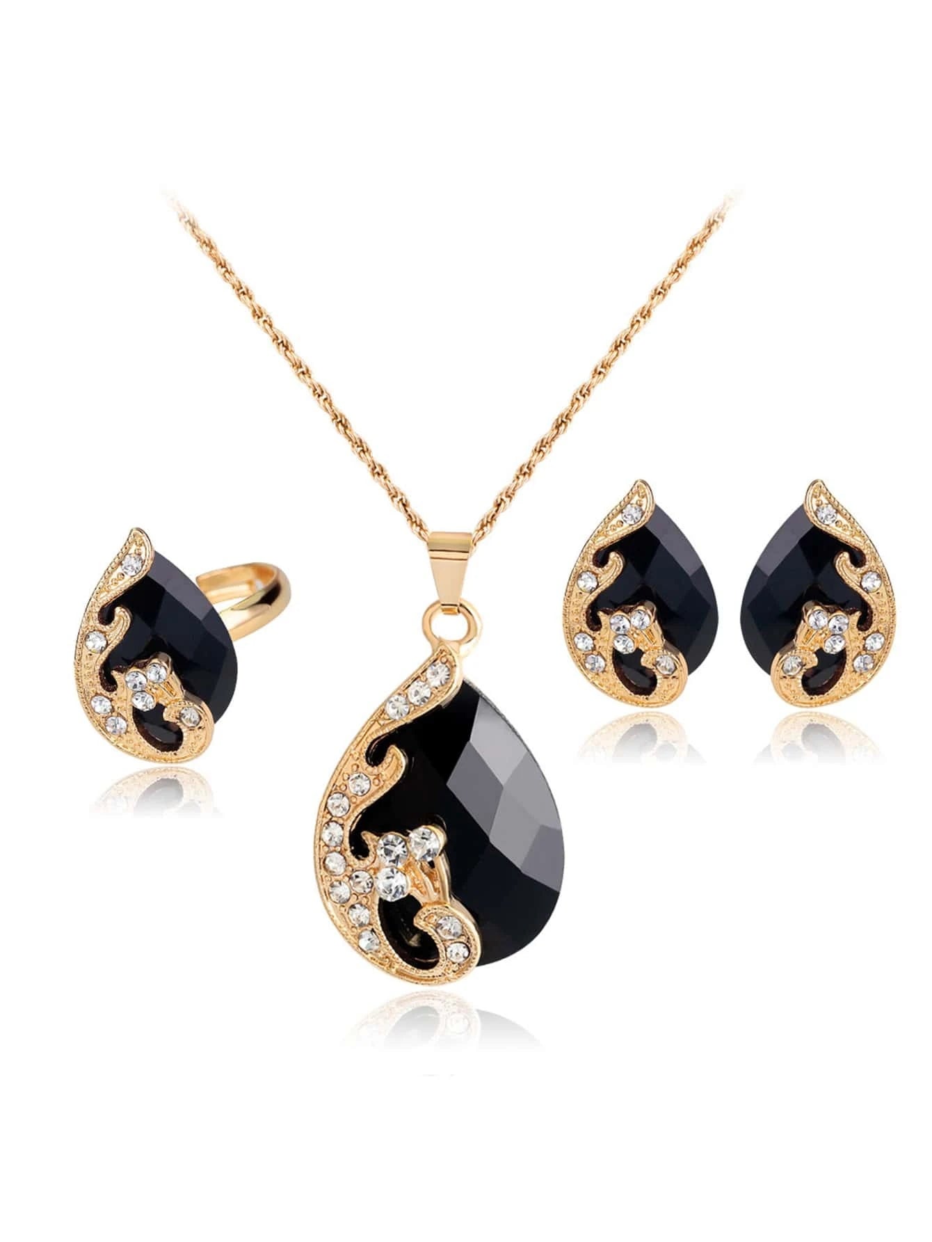 4Pcs Rhinestone Water-Drop Decor Jewelry Set