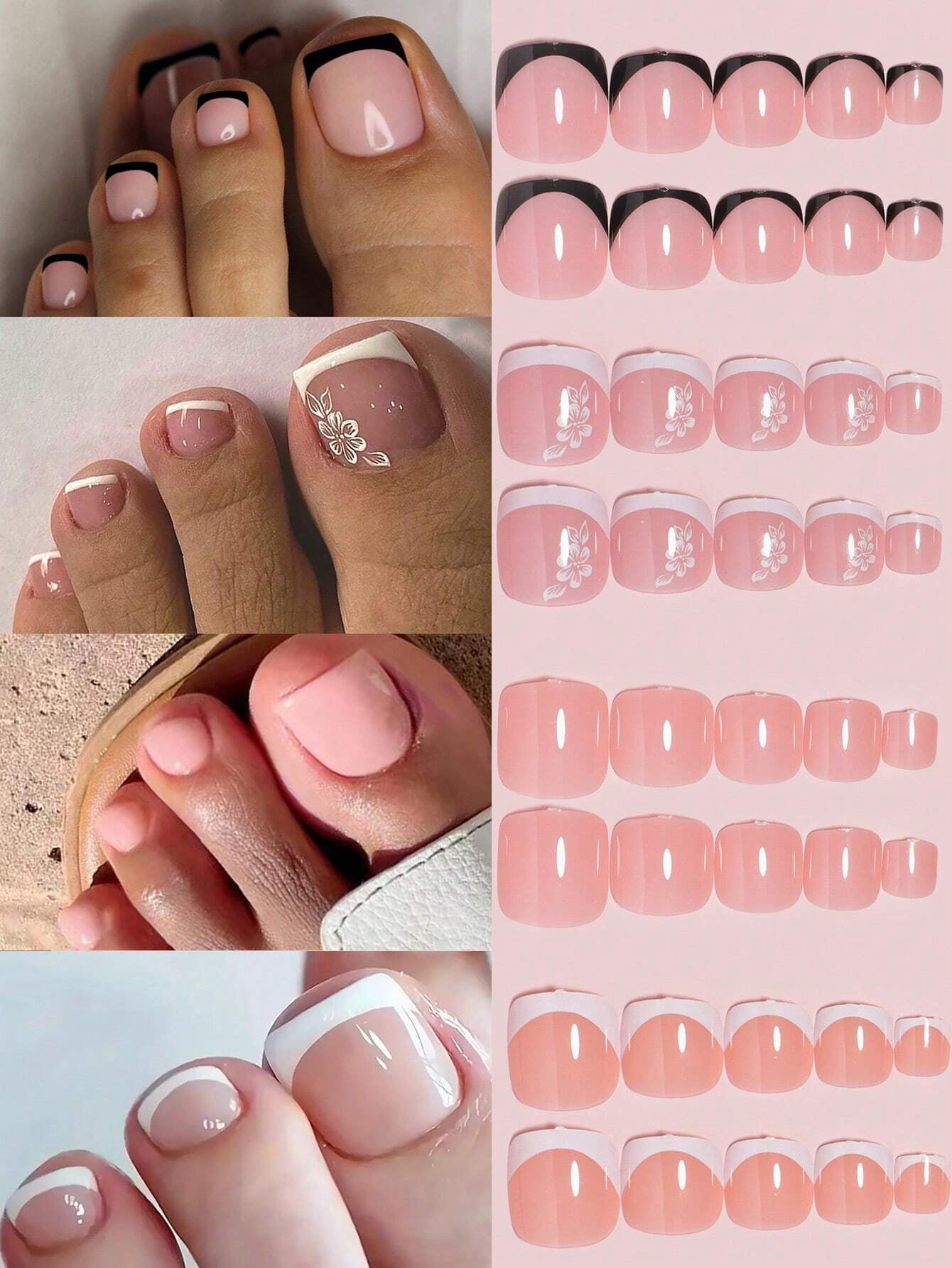 96Pcs(Pink/Cherry Red/Light Purple/Dark Purple) Short Square Press on Toenails Designed Press on Toenails Full Cover, 4 Glossy False Toenails for Feet, French Design Fake Toenails for Summer Nail Art Set for Women and Girls with Re-Usable Storage Box