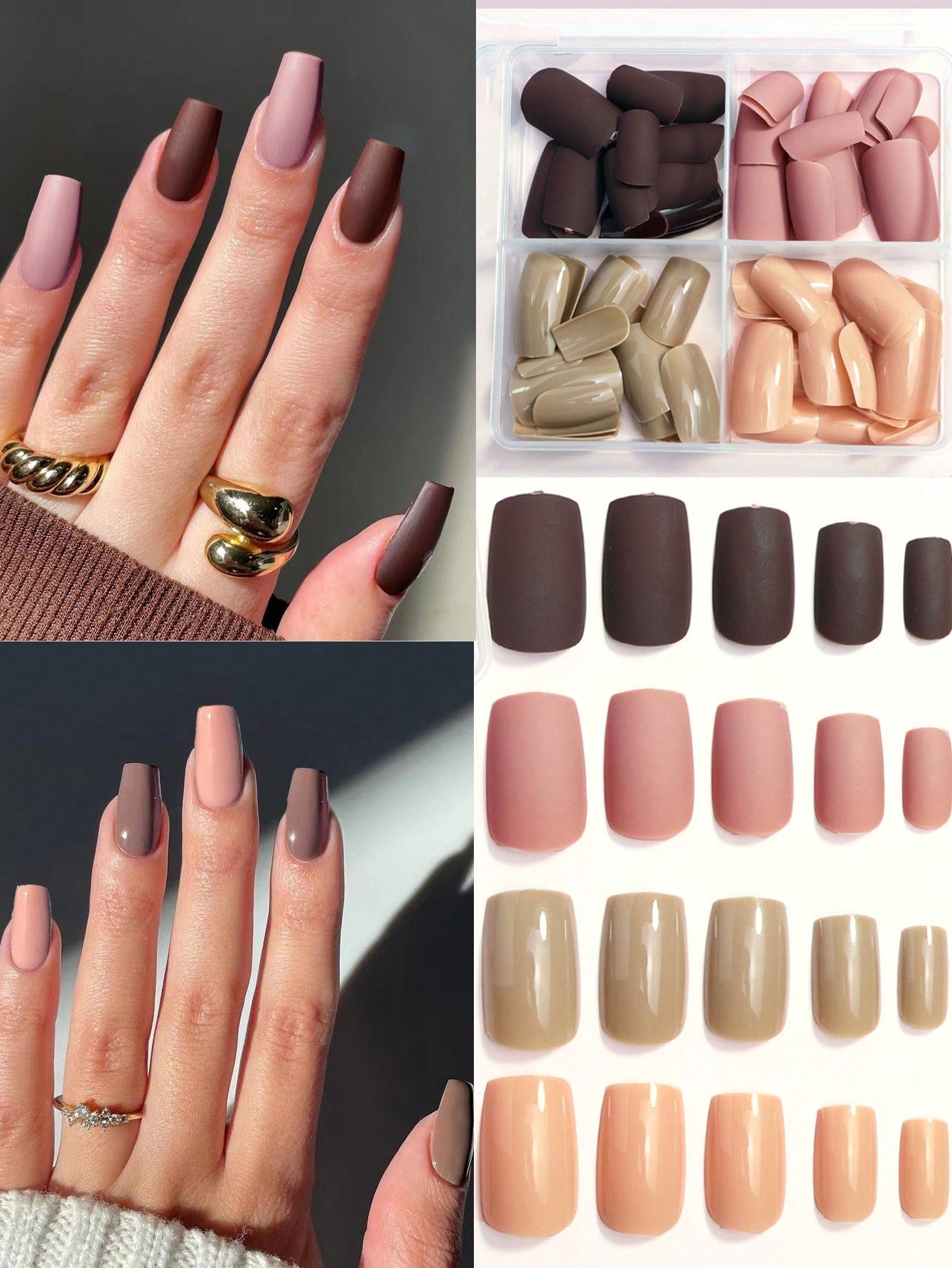 96Pcs (Matte Dark Brown/Matte Nude/Shiny Nude/Shiny Light Nude) DIY Colors Combined Gradient Design Natural Looking Press on Nails Short Fake Nails Square Nails Set with Storage Box as Gift for Women and Girls