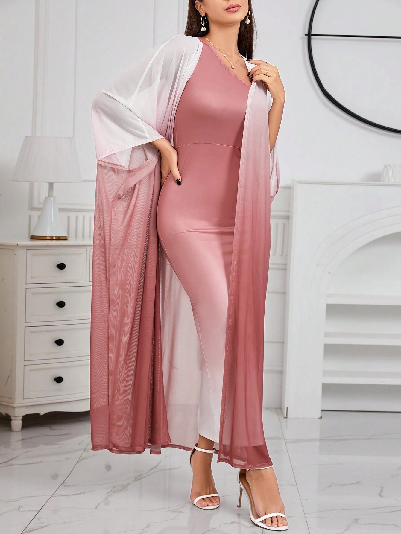 Modely Ombre Shoulder Sloping Dress with Coat Evening Dress