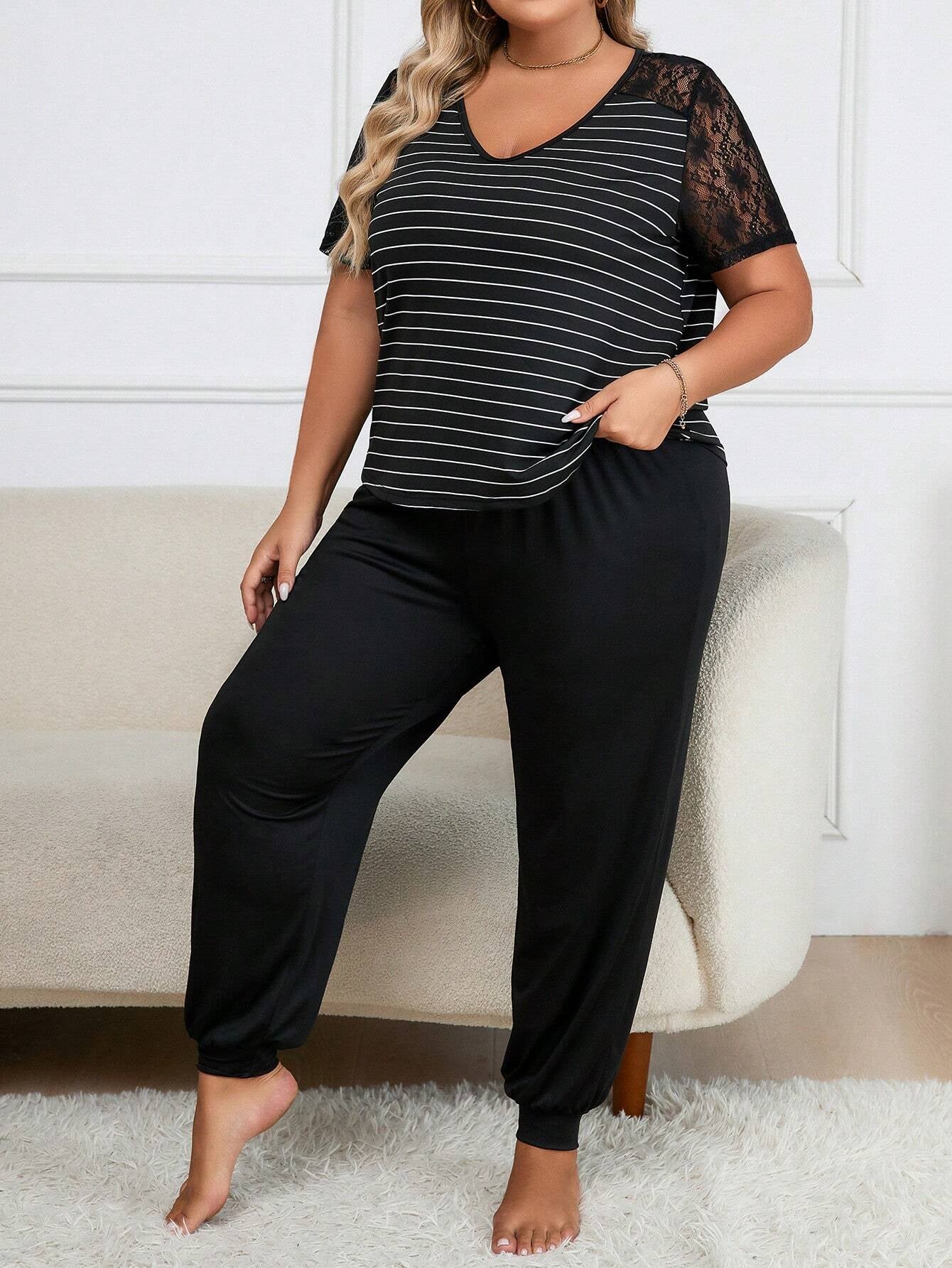 Women'S plus Size V-Neck Striped Lace Trim Pajama Sets