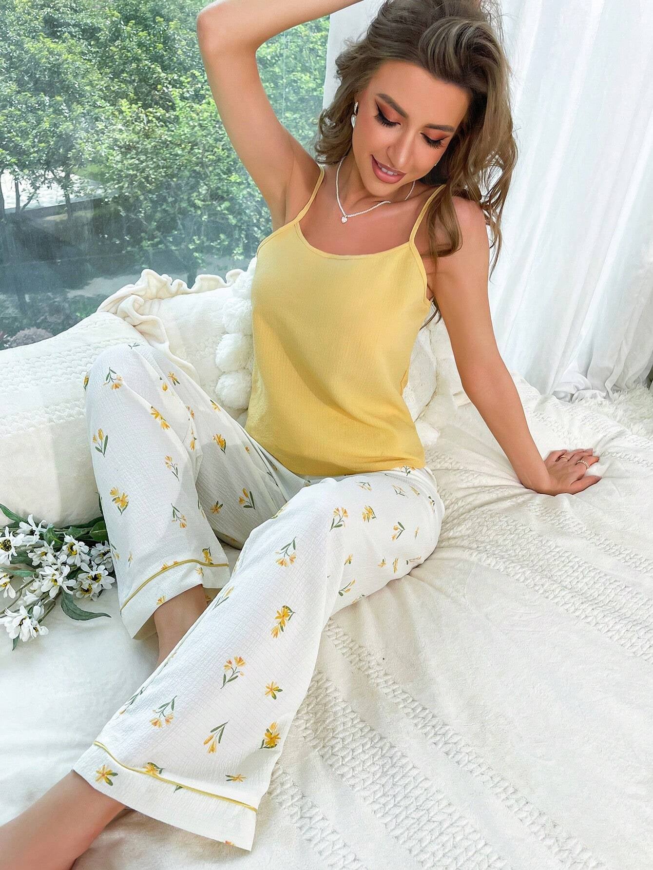 Floral Print Contrast Piping PJ Set