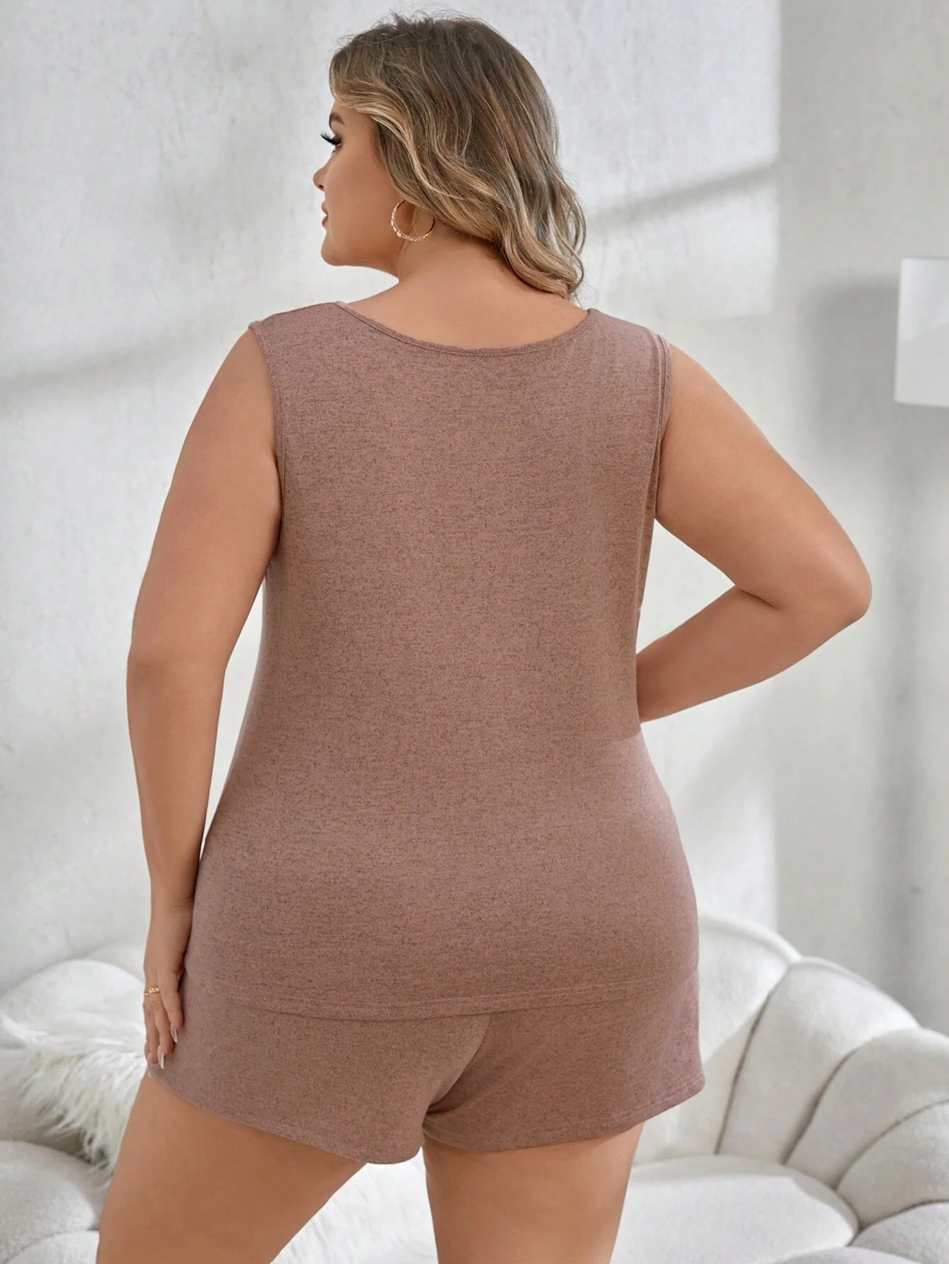 Plus Size V-Neck Tank Top and Shorts Casual Sleepwear Set