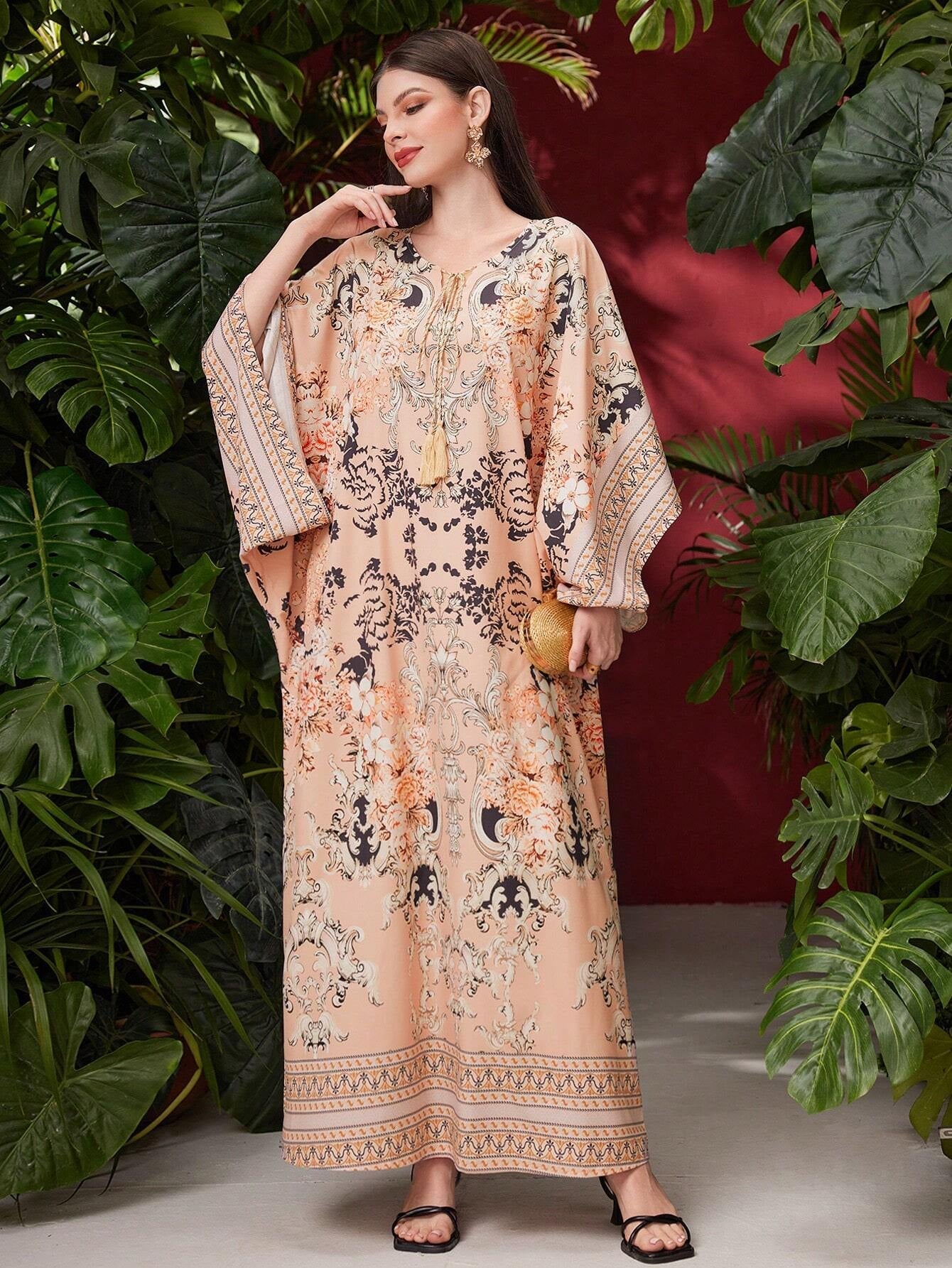 Najma Ladies' Floral Printed Batwing Sleeve Arab Style Dress