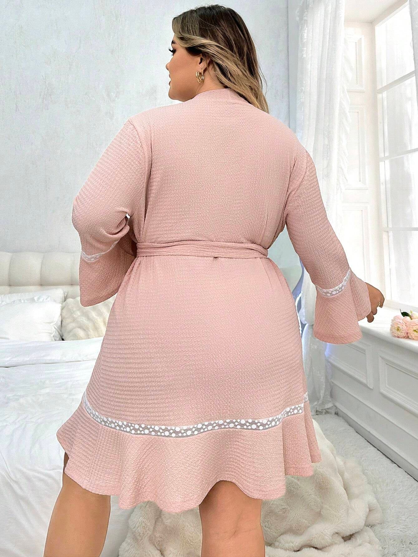 Plus Size Color Block Lace Insert Flare Sleeve Belted Robe