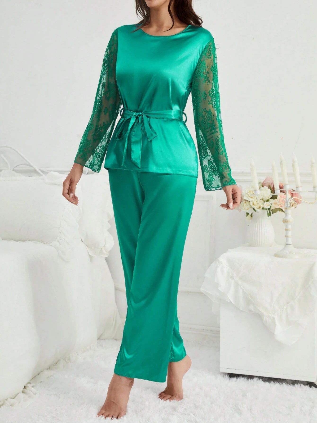 Solid Color Lace Patchwork Pajama Set