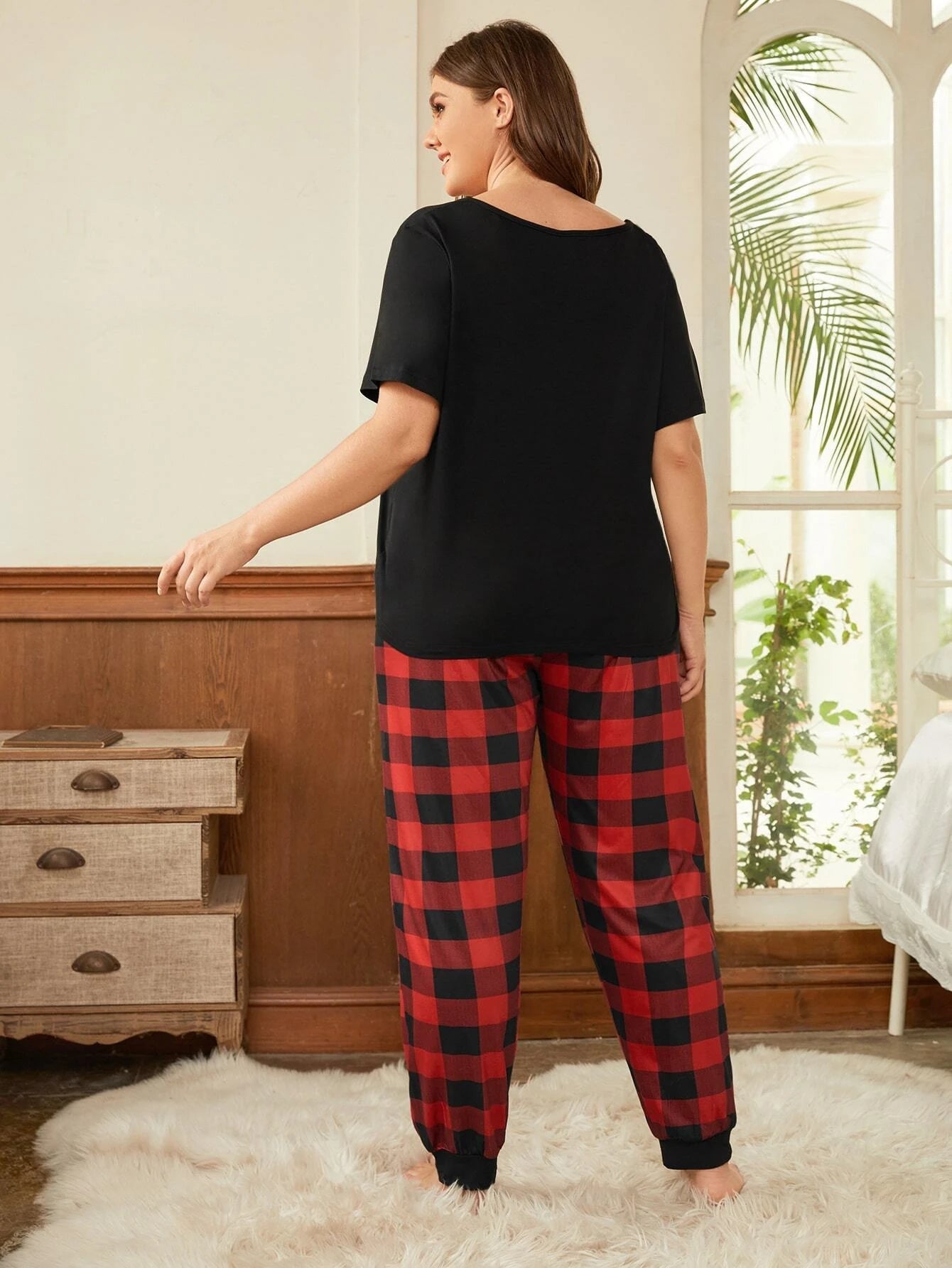 Plus Heart Print Tee & Buffalo Plaid Pants PJ Set