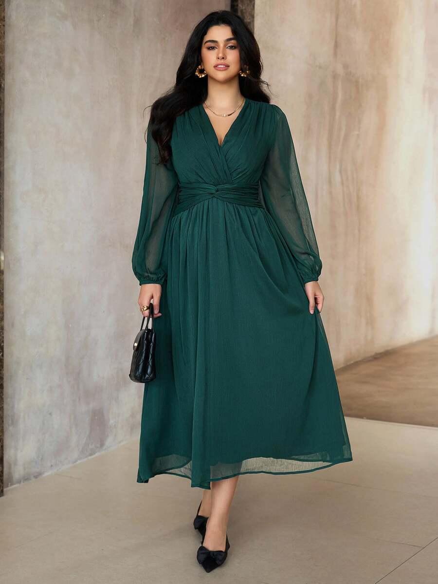 SHEIN Roveilla فستان شيفون مطوي بخصر لف وأكمام فانوس شفافة
