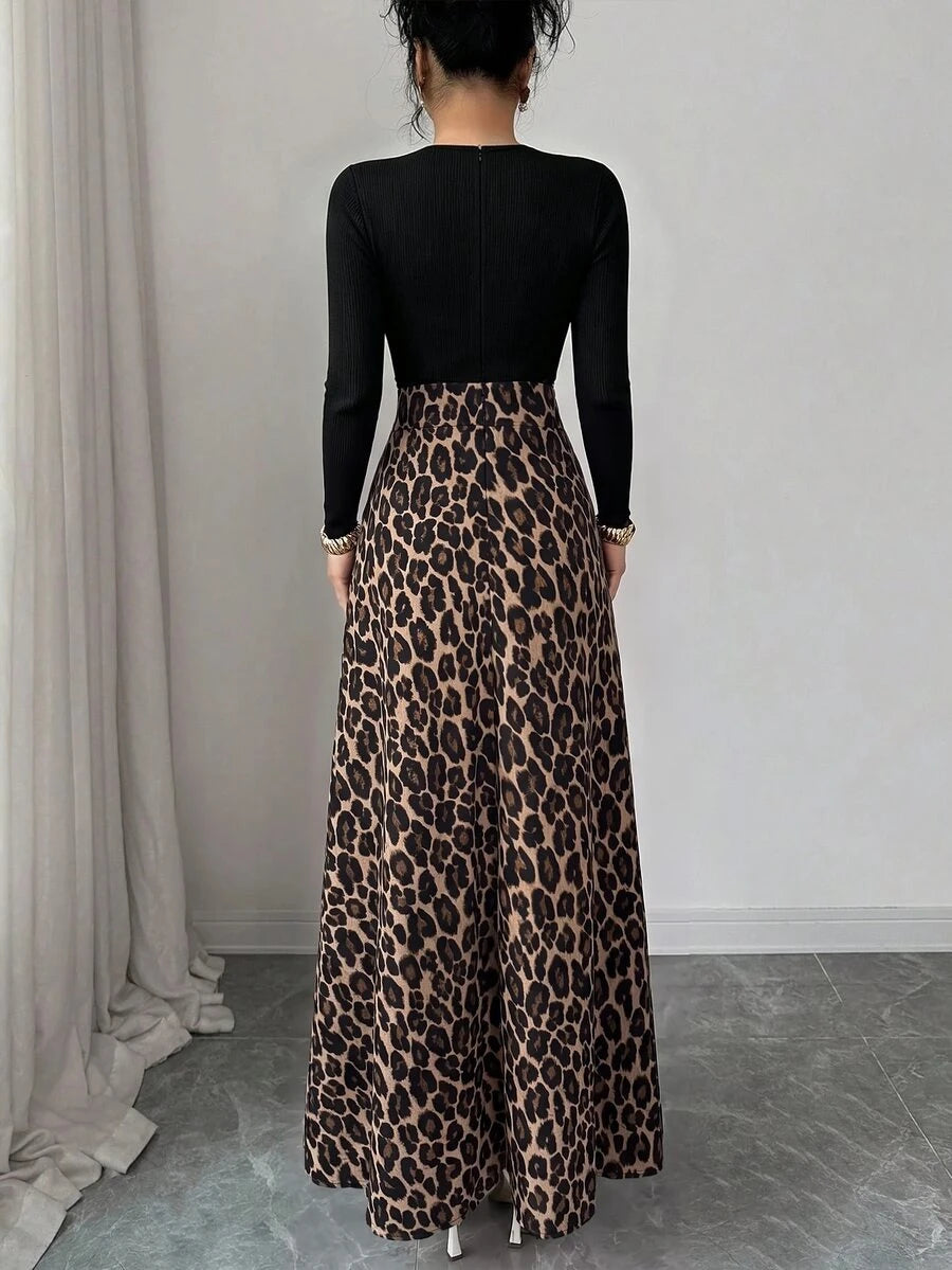 SHEIN Elenzga فستان طويل أسود بطبعة جلد النمر وتصميم ضيق متسع