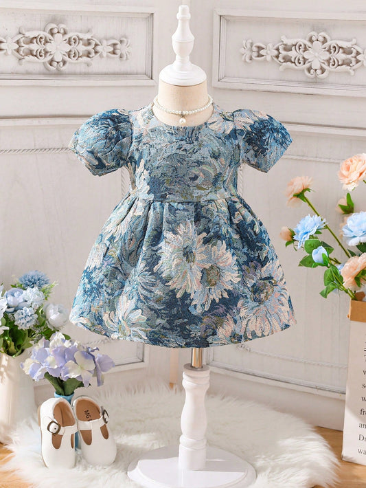 Baby Girl Floral Jacquard Puff Sleeve Dress