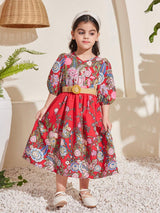 Young Girl Floral Printed V-Neck Puff Sleeve Dress