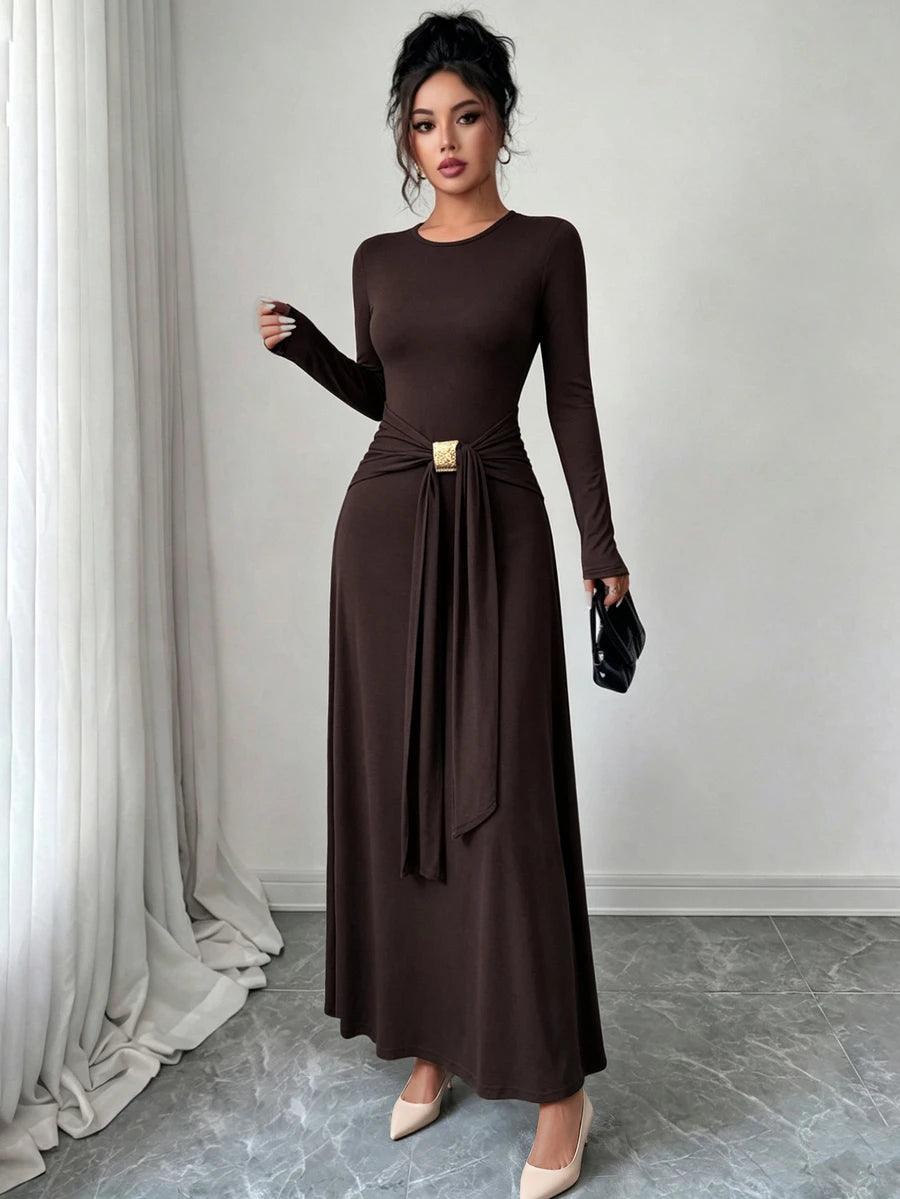 SHEIN Selianne فستان طويل بلون بني داكن أنيق
