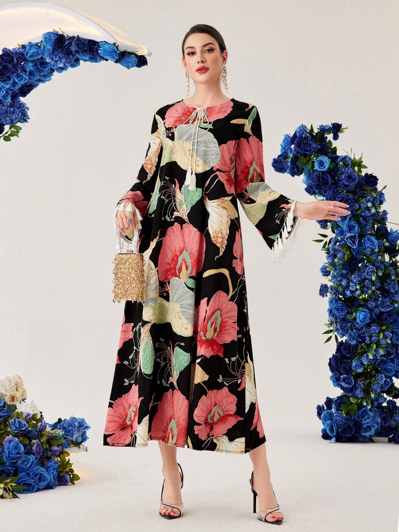 Najma Women'S Ginkgo Leaf Print Patchwork Tassel Bell Sleeve Arabic Dress