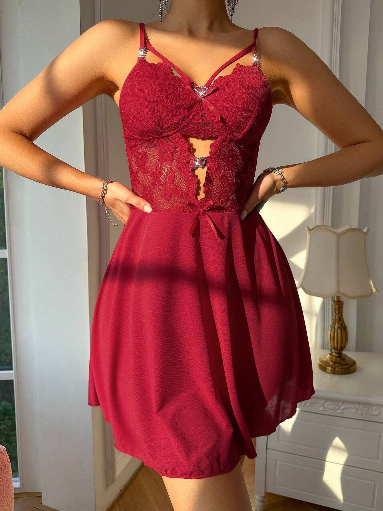 Women'S Lace Bowknot Hollow Out Sleep Dress