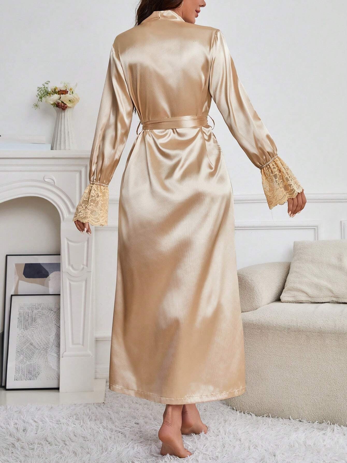 Women'S Satin & Lace Patchwork Belted Robe