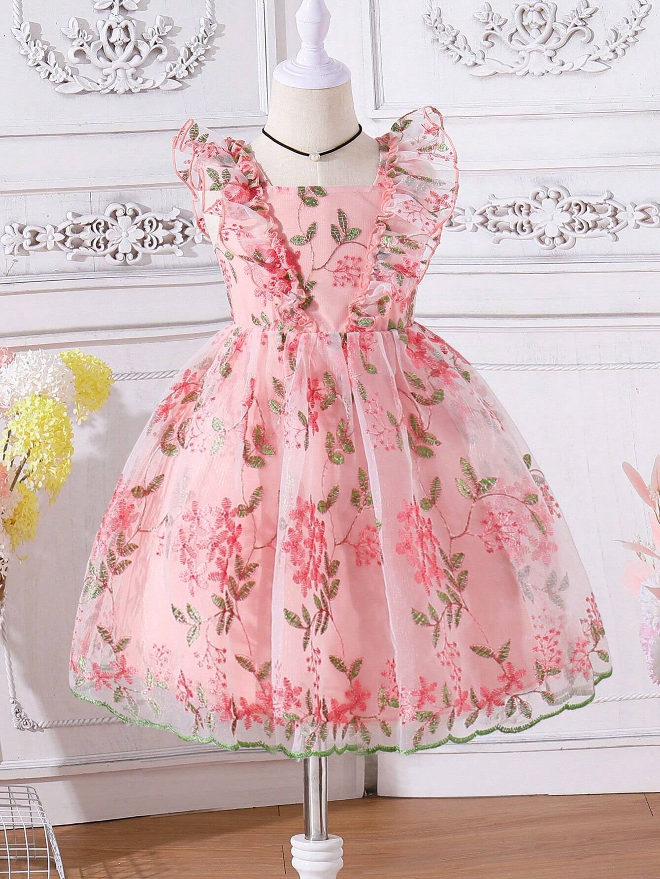 Young Girl'S Elegant Flower Embroidered Mesh Sleeveless Dress with Ruffle Trim, Perfect for Wedding, Birthday Party, Holiday, Sweet Summer Outfits