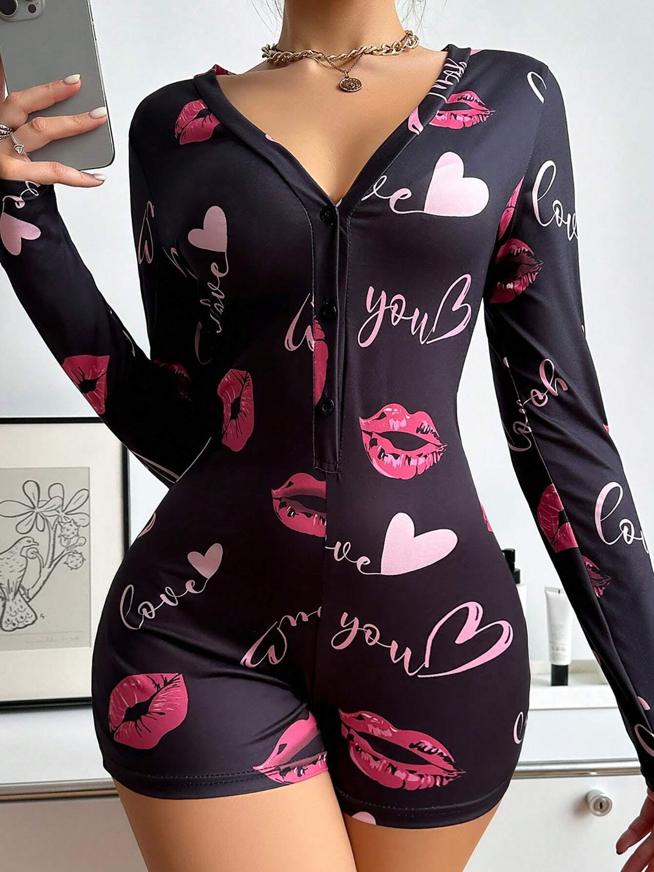 Heart Lips Printed Long Sleeve Romper