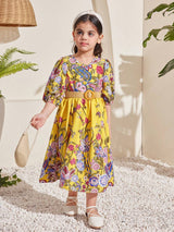 Young Girl Floral Printed V-Neck Puff Sleeve Dress