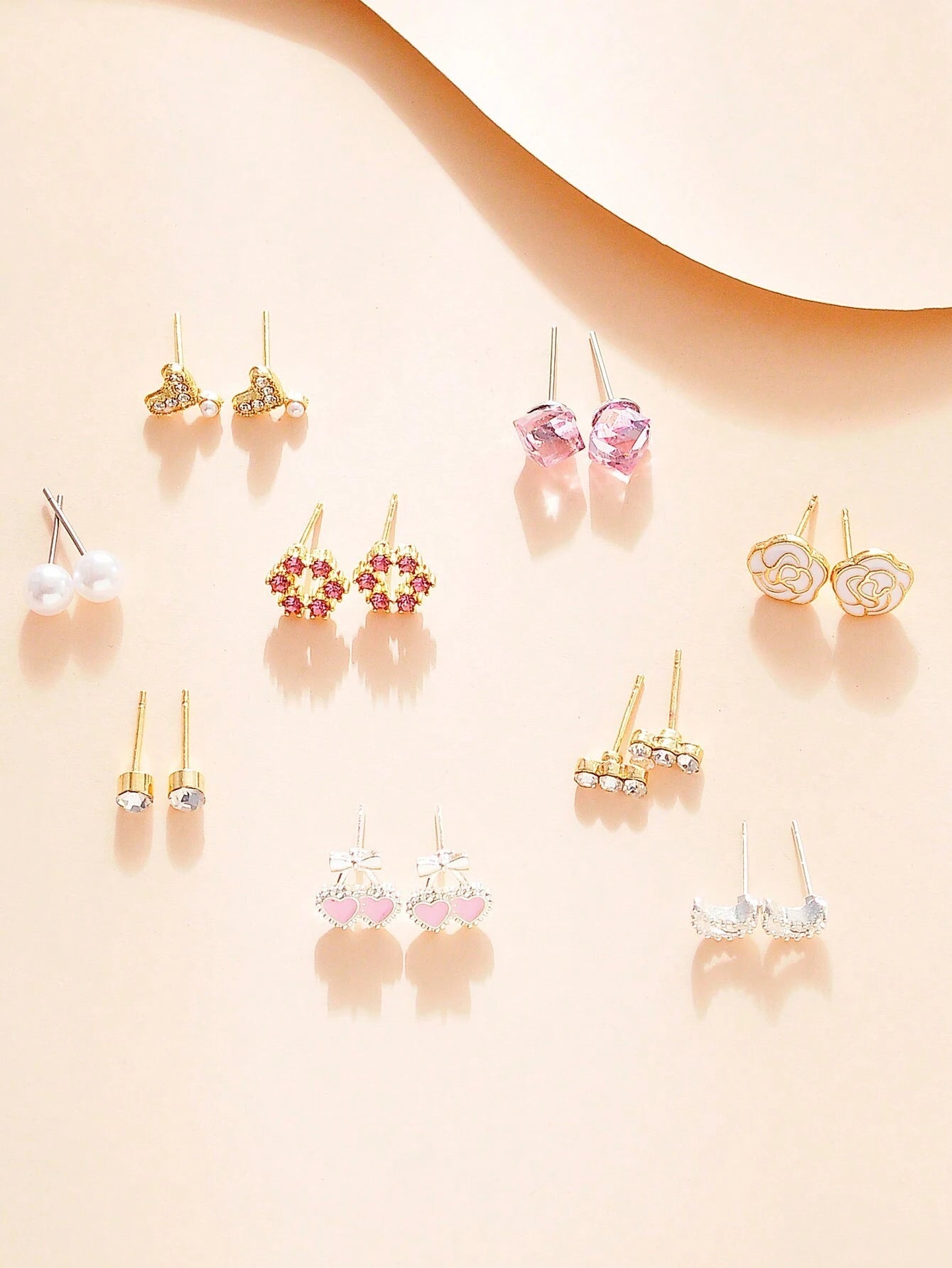 9Pairs/Set Rhinestone & Flower Decor Stud Earrings