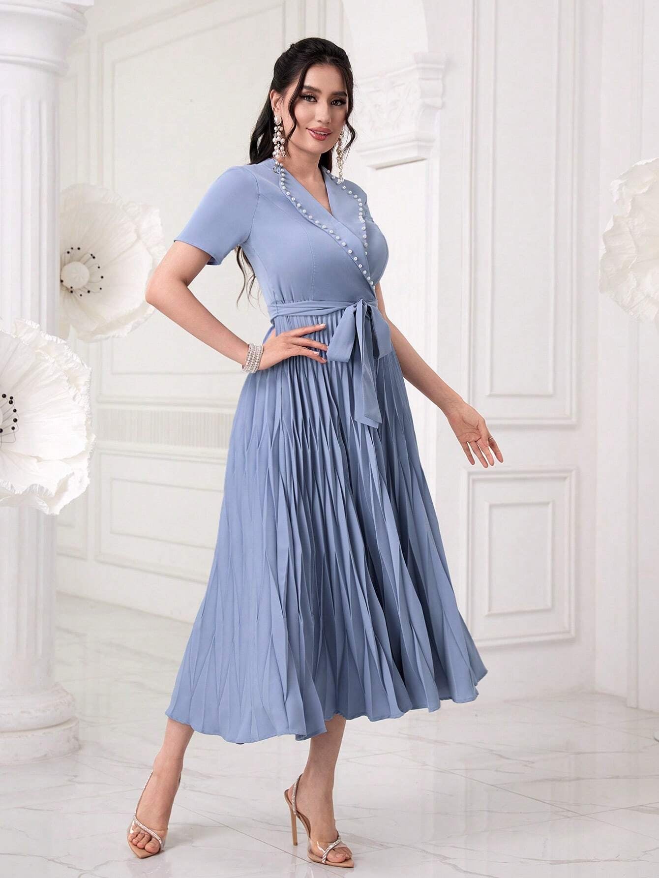 Modely Pearls Beaded Detail Belted Pleated Hem Dress