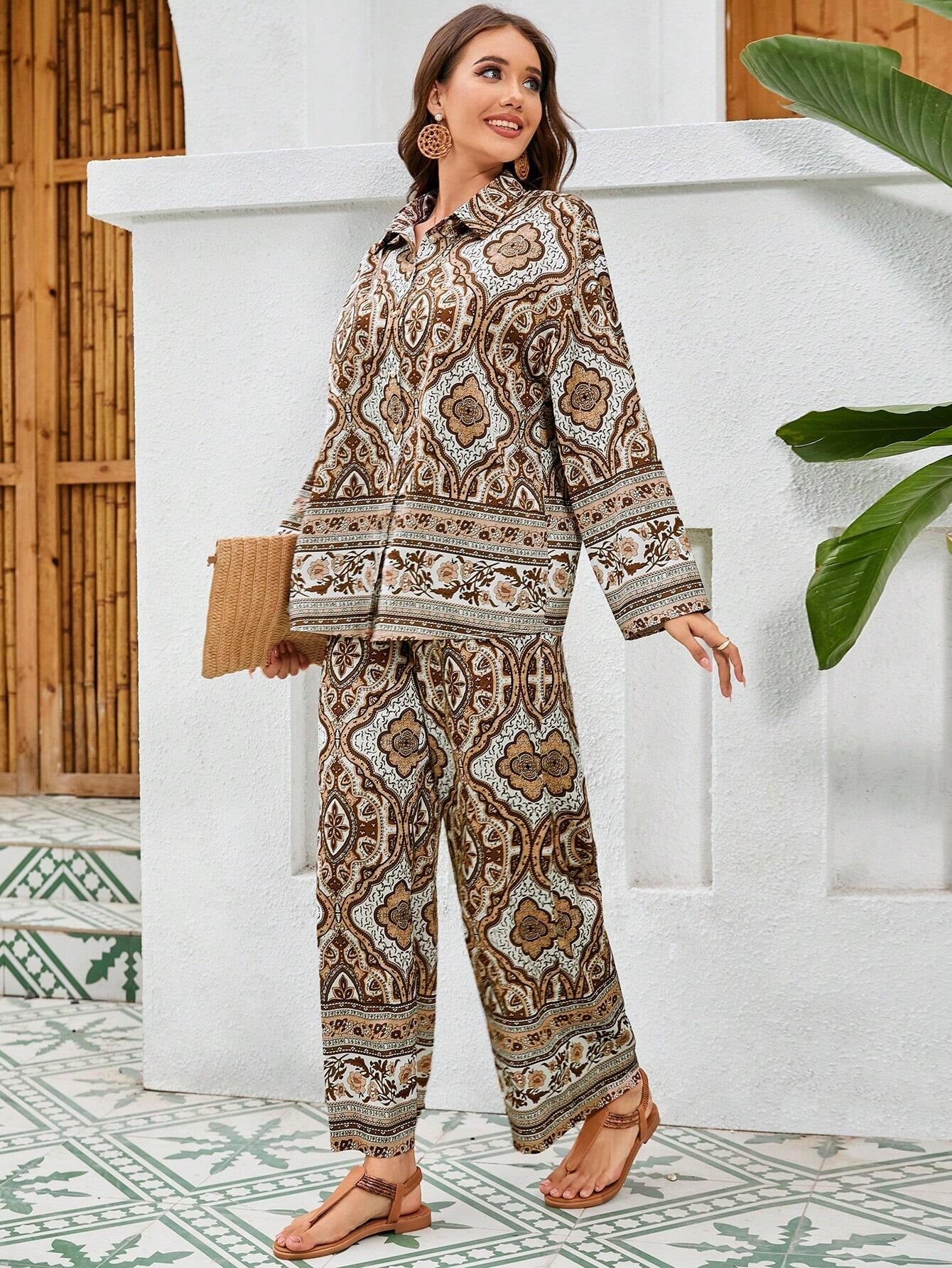 Mulvari Ladies' Floral Printed Long Sleeve Shirt and Pants Set