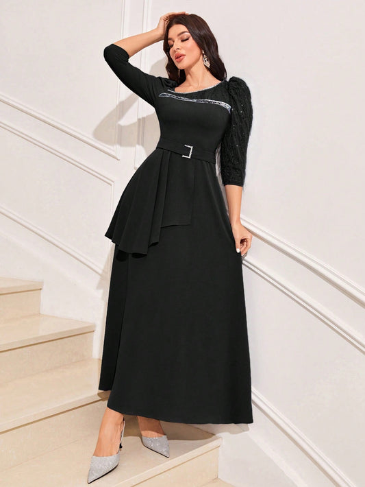 Modely Asymmetrical Neck Puff Sleeve Buckle Belted Dress