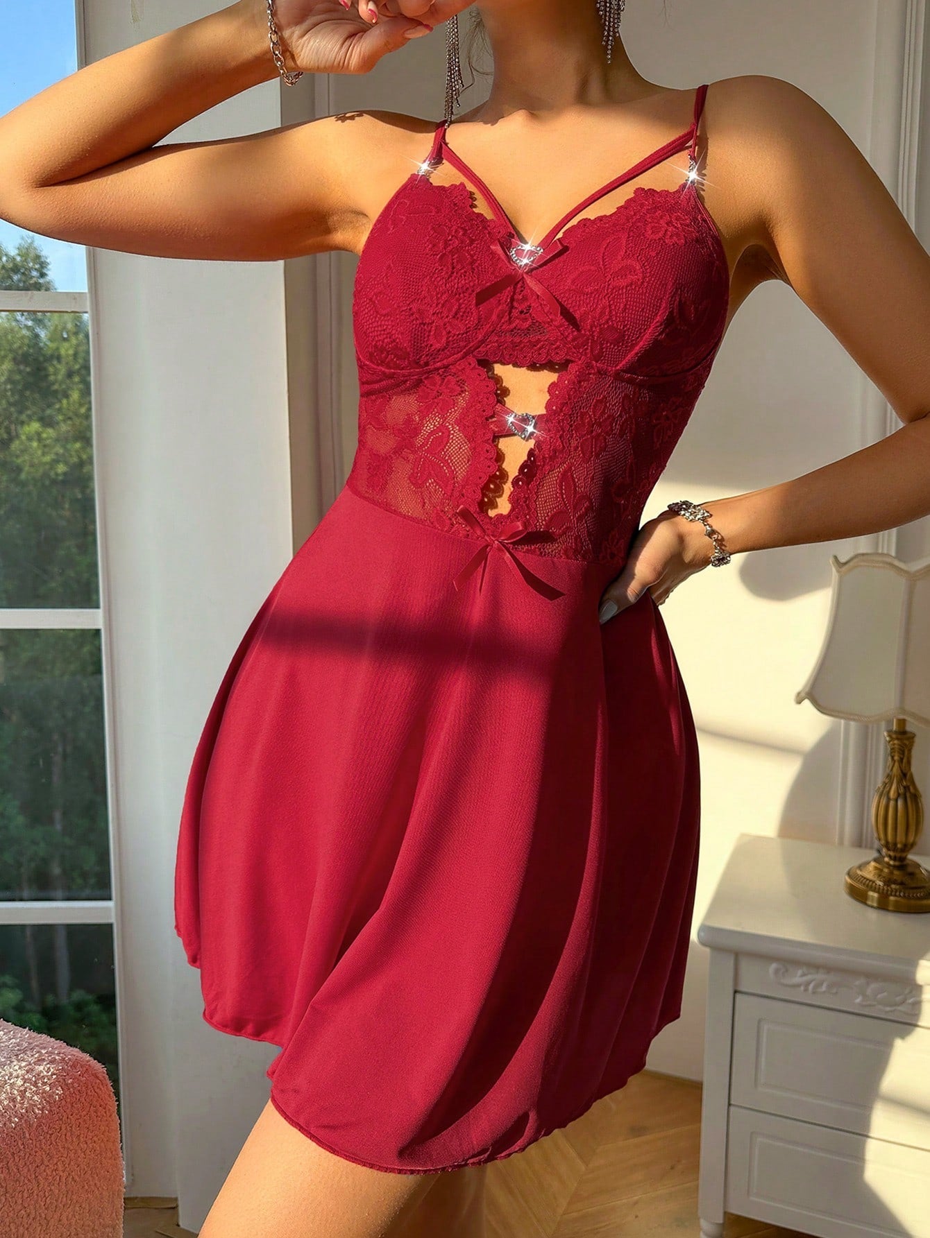 Women'S Lace Bowknot Hollow Out Sleep Dress