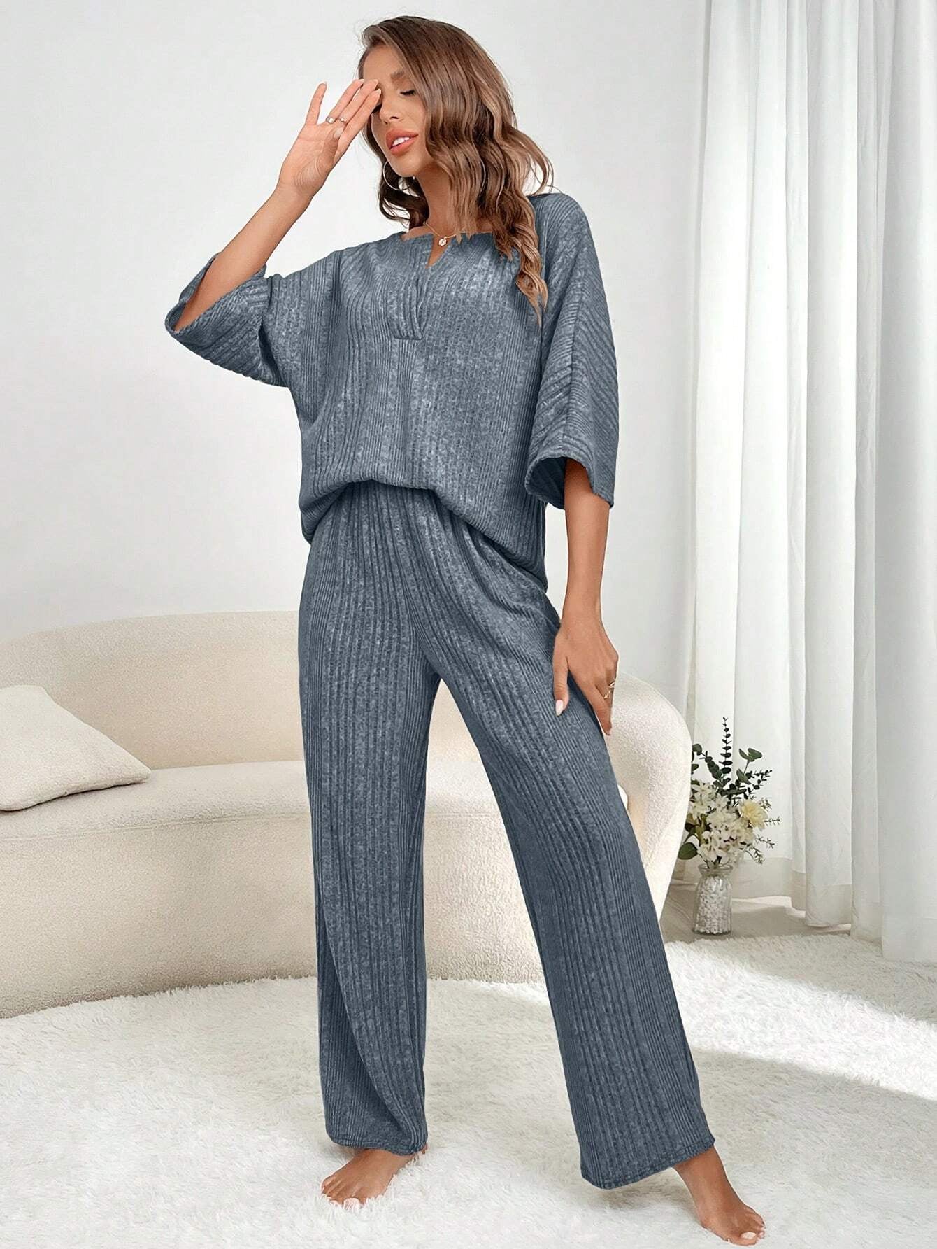 Solid Color Notched Collar Loose Fit Casual Home Wear Set