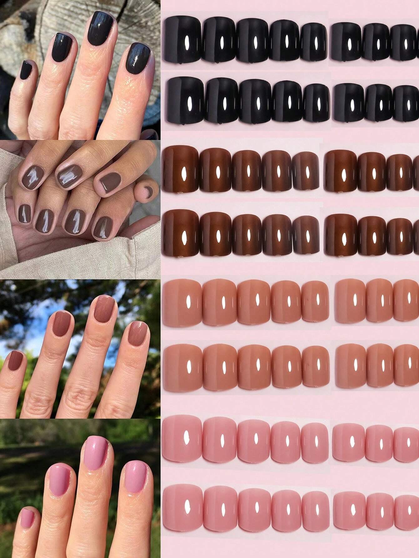 96Pcs (Matte Dark Brown/Matte Nude/Shiny Nude/Shiny Light Nude) DIY Colors Combined Gradient Design Natural Looking Press on Nails Short Fake Nails Square Nails Set with Storage Box as Gift for Women and Girls
