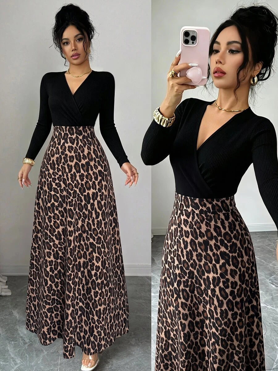 SHEIN Elenzga فستان طويل أسود بطبعة جلد النمر وتصميم ضيق متسع