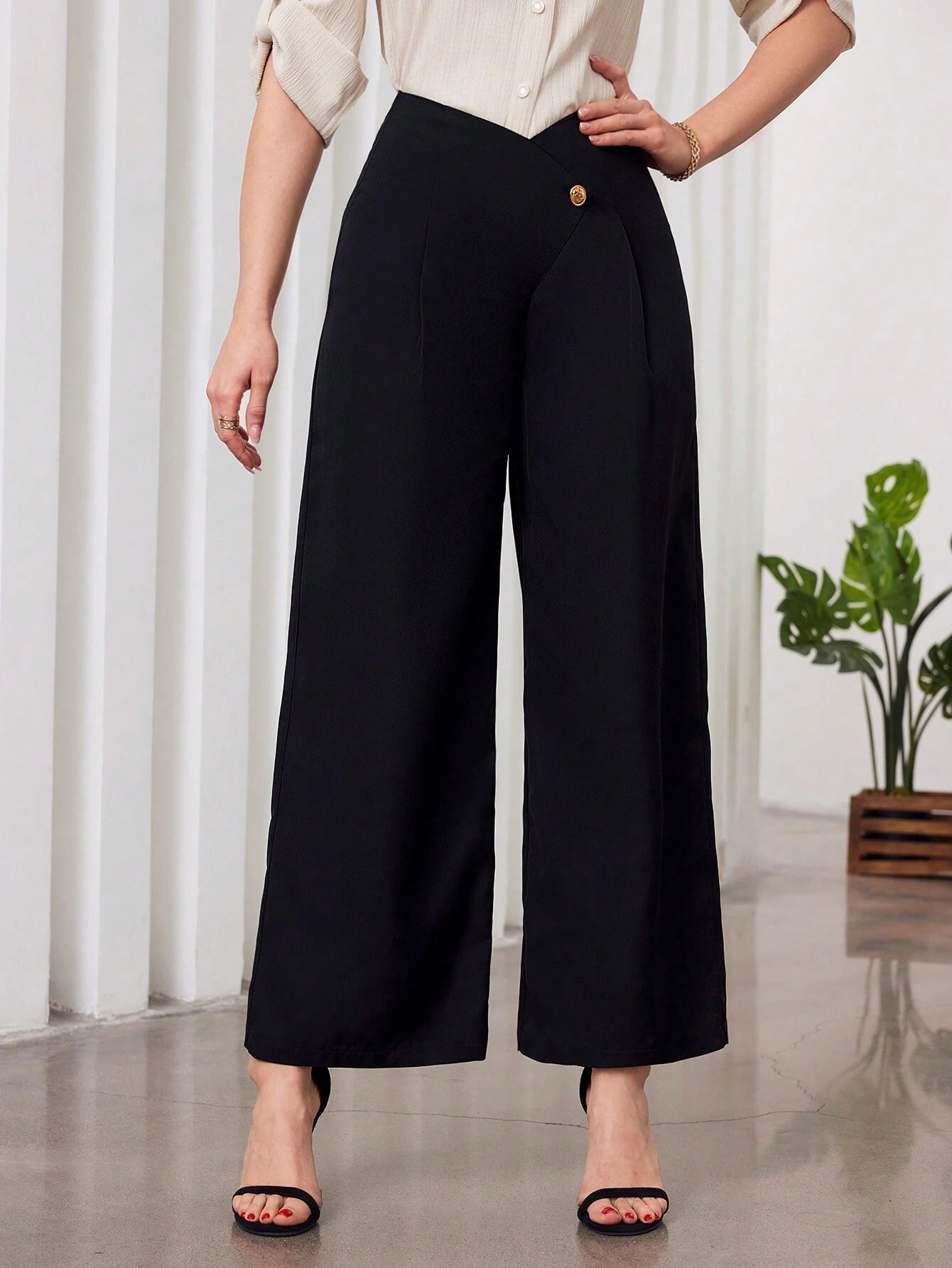 Modely Solid Color High-Waist Wide Leg Pants