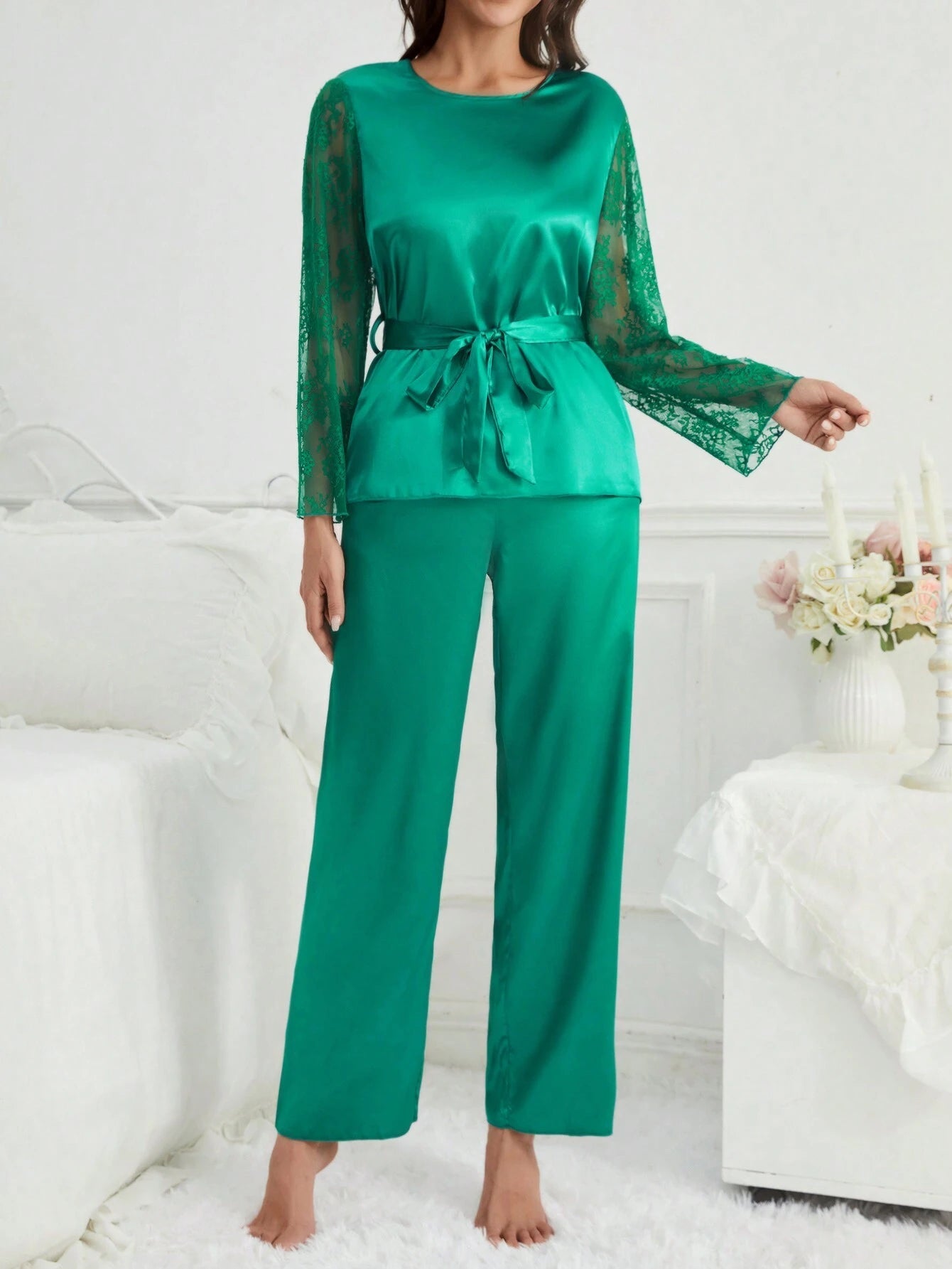 Solid Color Lace Patchwork Pajama Set