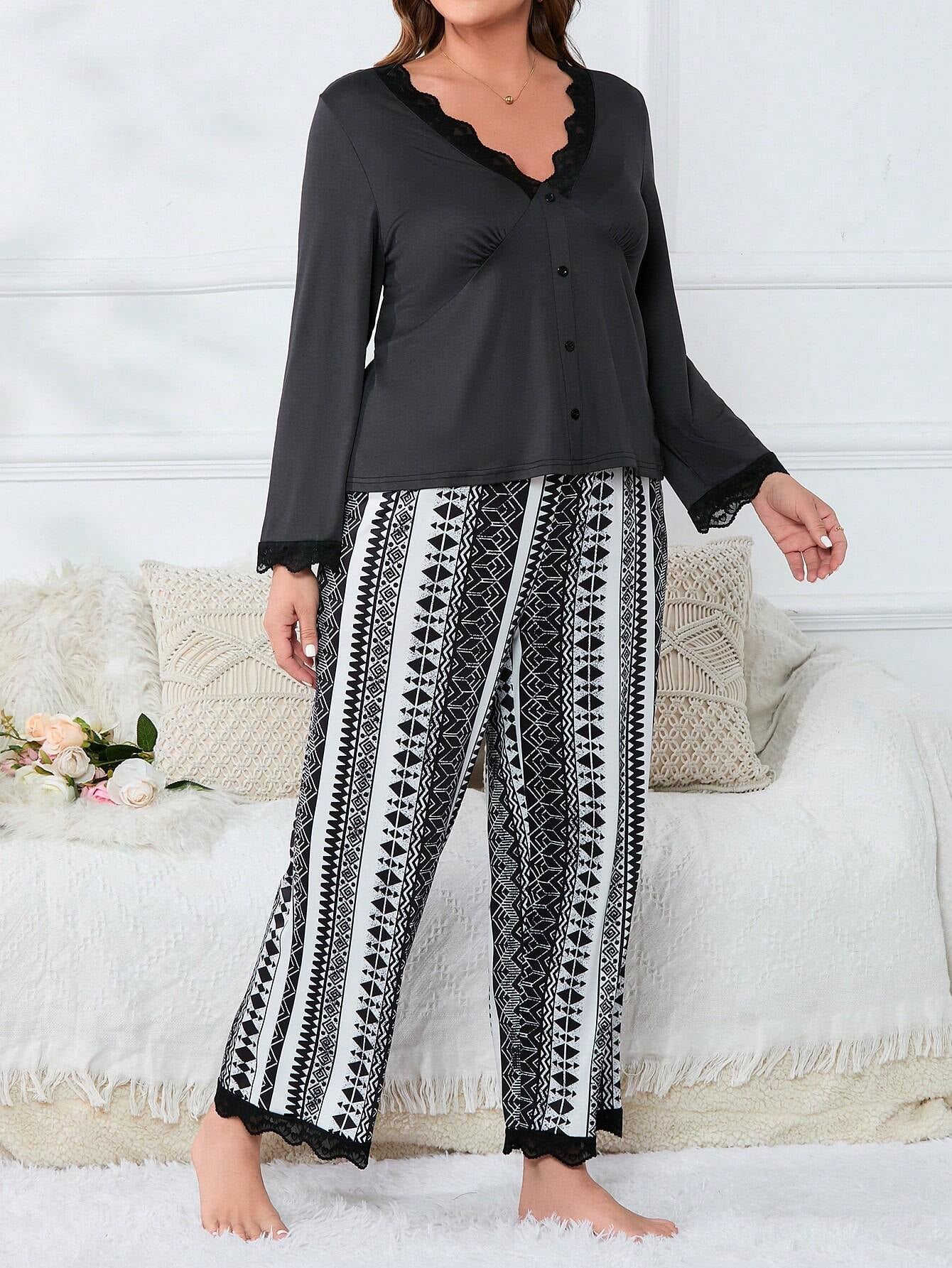 Plus Geo Print Contrast Lace PJ Set