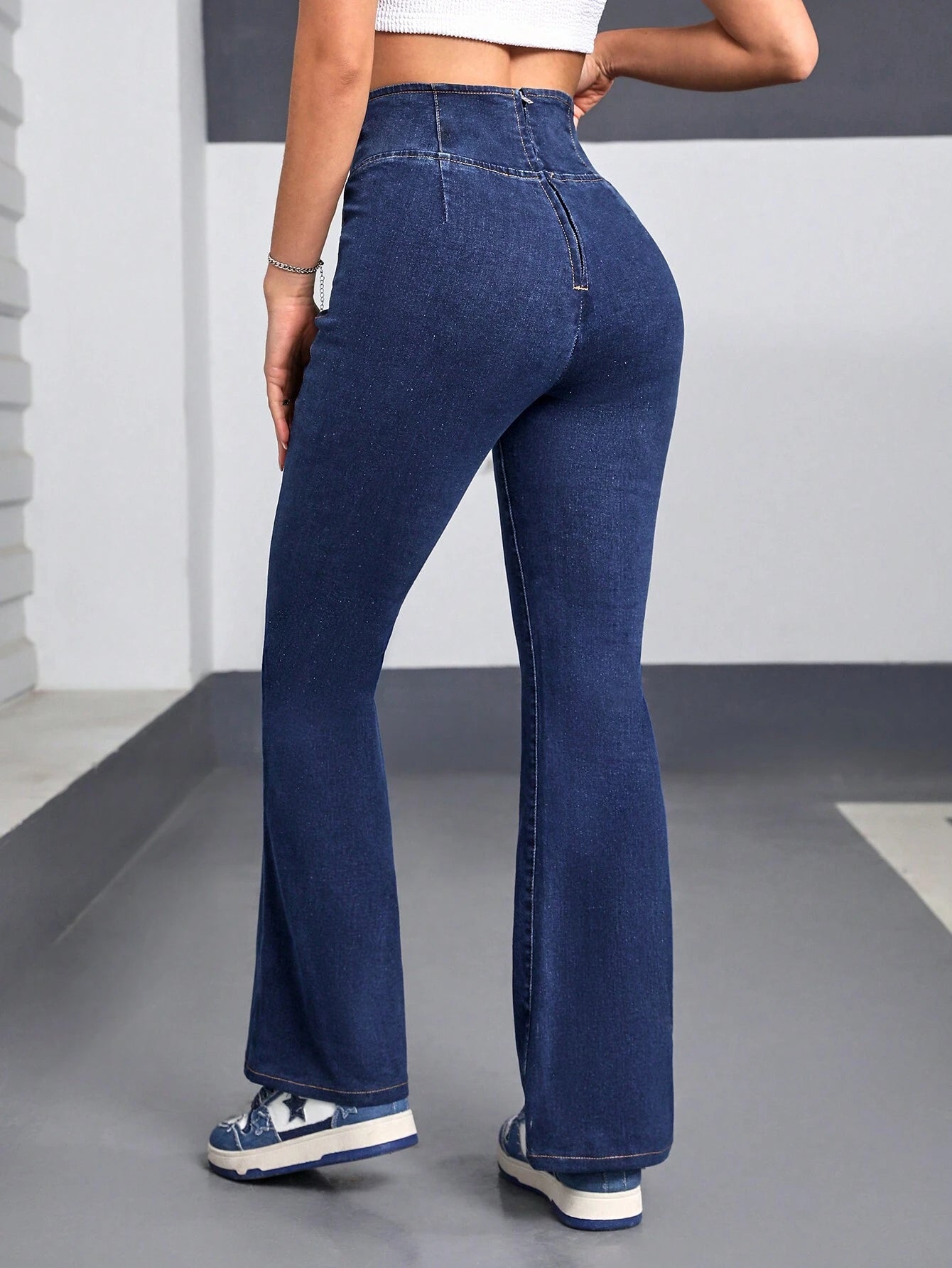 Ezwear Women'S High Waist Cross Knot Design Flared Jeans with Metallic Eyelets