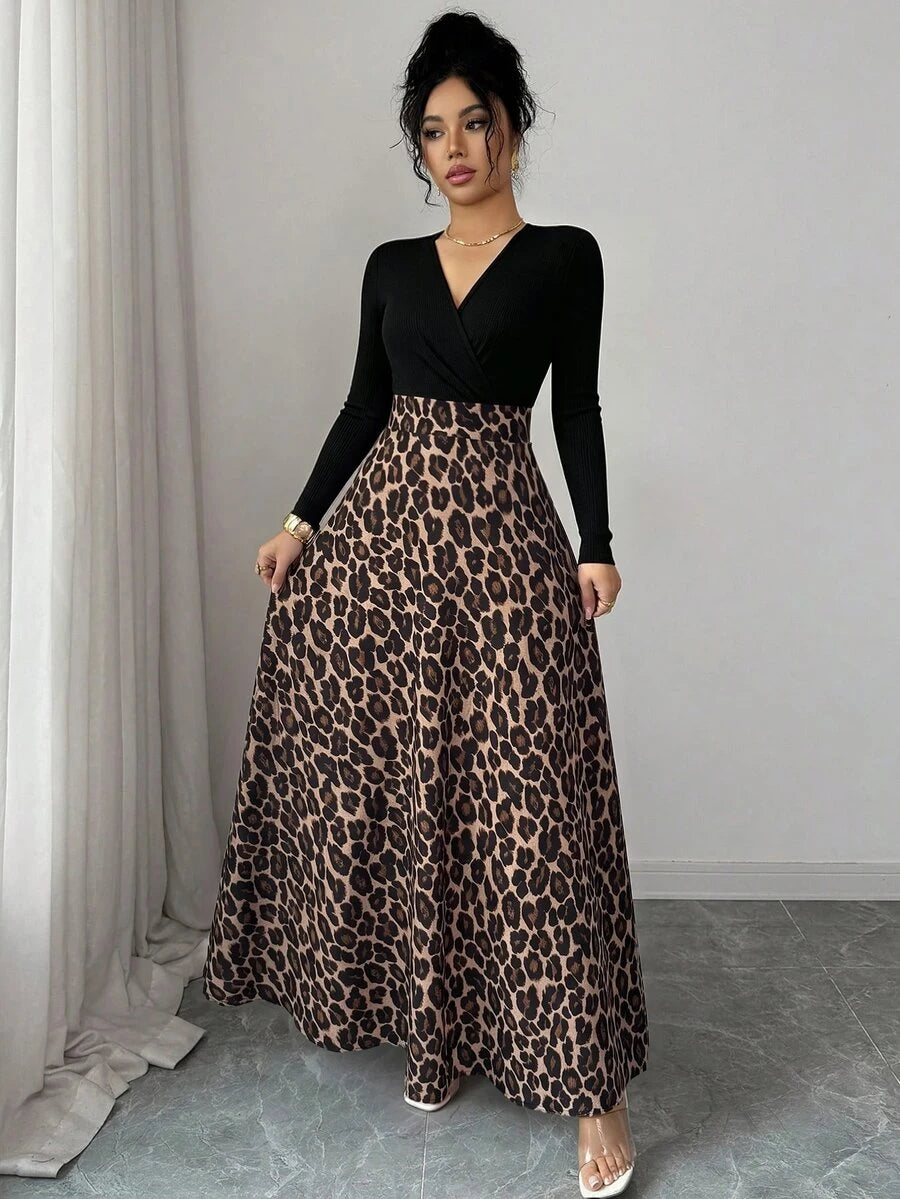 SHEIN Elenzga فستان طويل أسود بطبعة جلد النمر وتصميم ضيق متسع