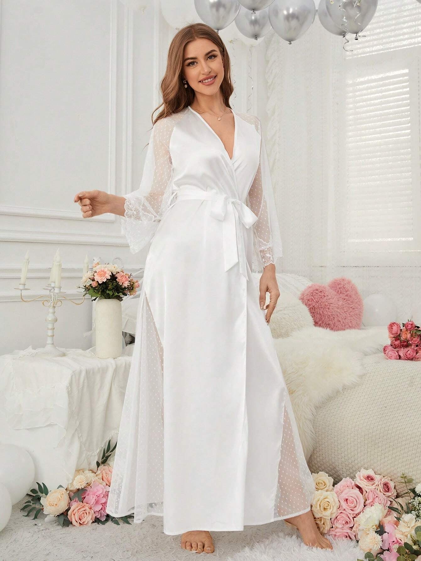 Lace Patchwork Women'S Wrap Robe for Sleepwear