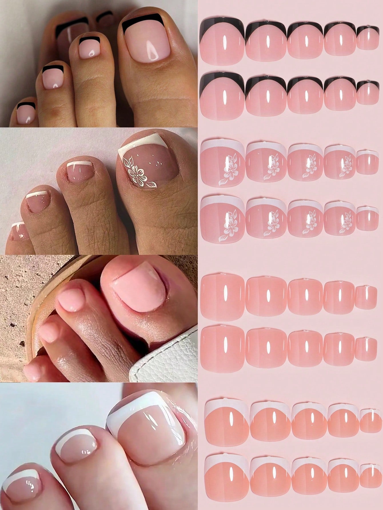 96Pcs(Black French/White French/Flower/French) Short Square Press on Toenails Designed Press on Toenails Full Cover, 4 Glossy False Toenails for Feet, French Design Fake Toenails for Summer Nail Art Set for Women and Girls with Re-Usable Storage Box