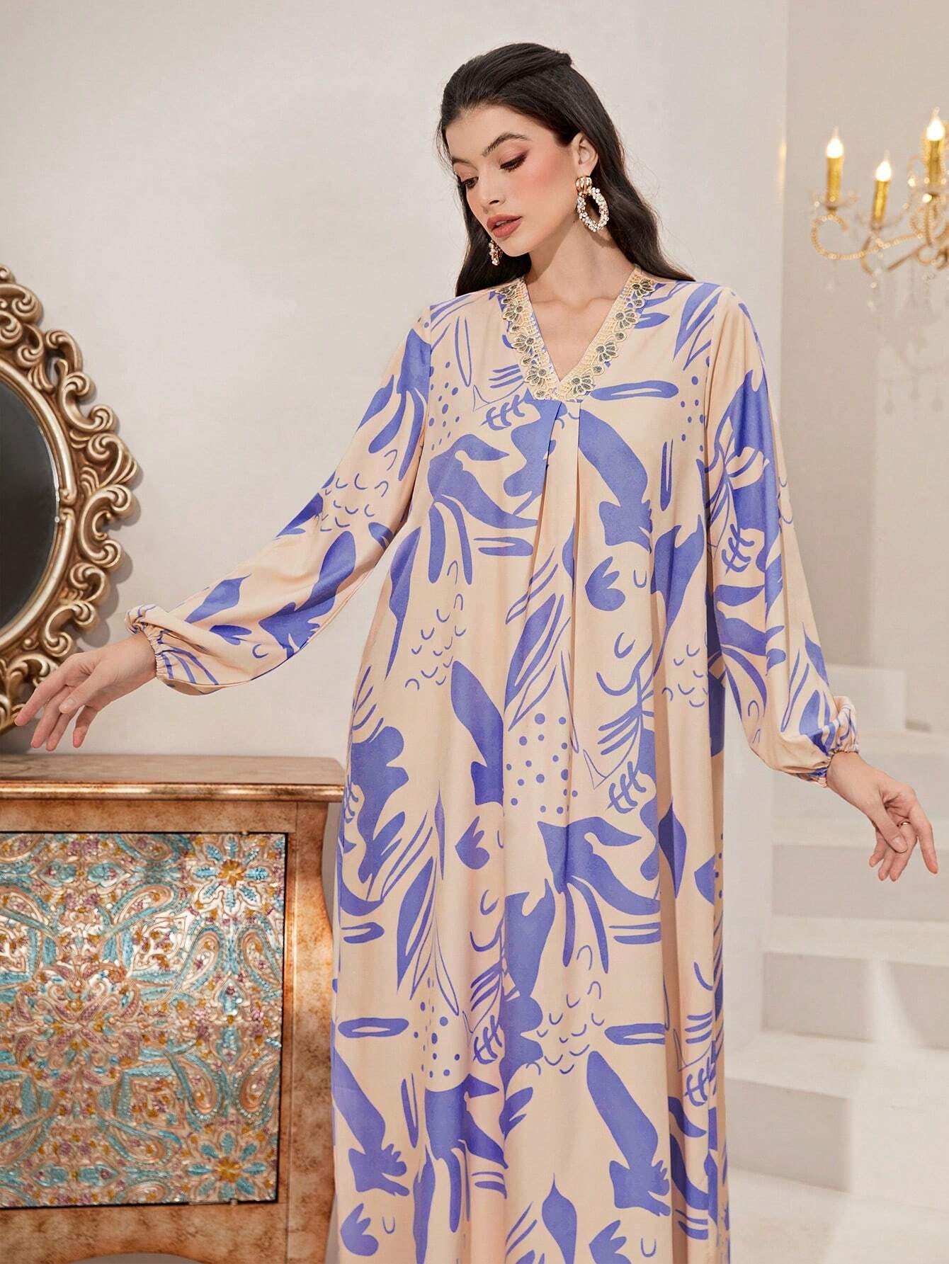 Najma Allover Print V Neck Lantern Sleeve Dress