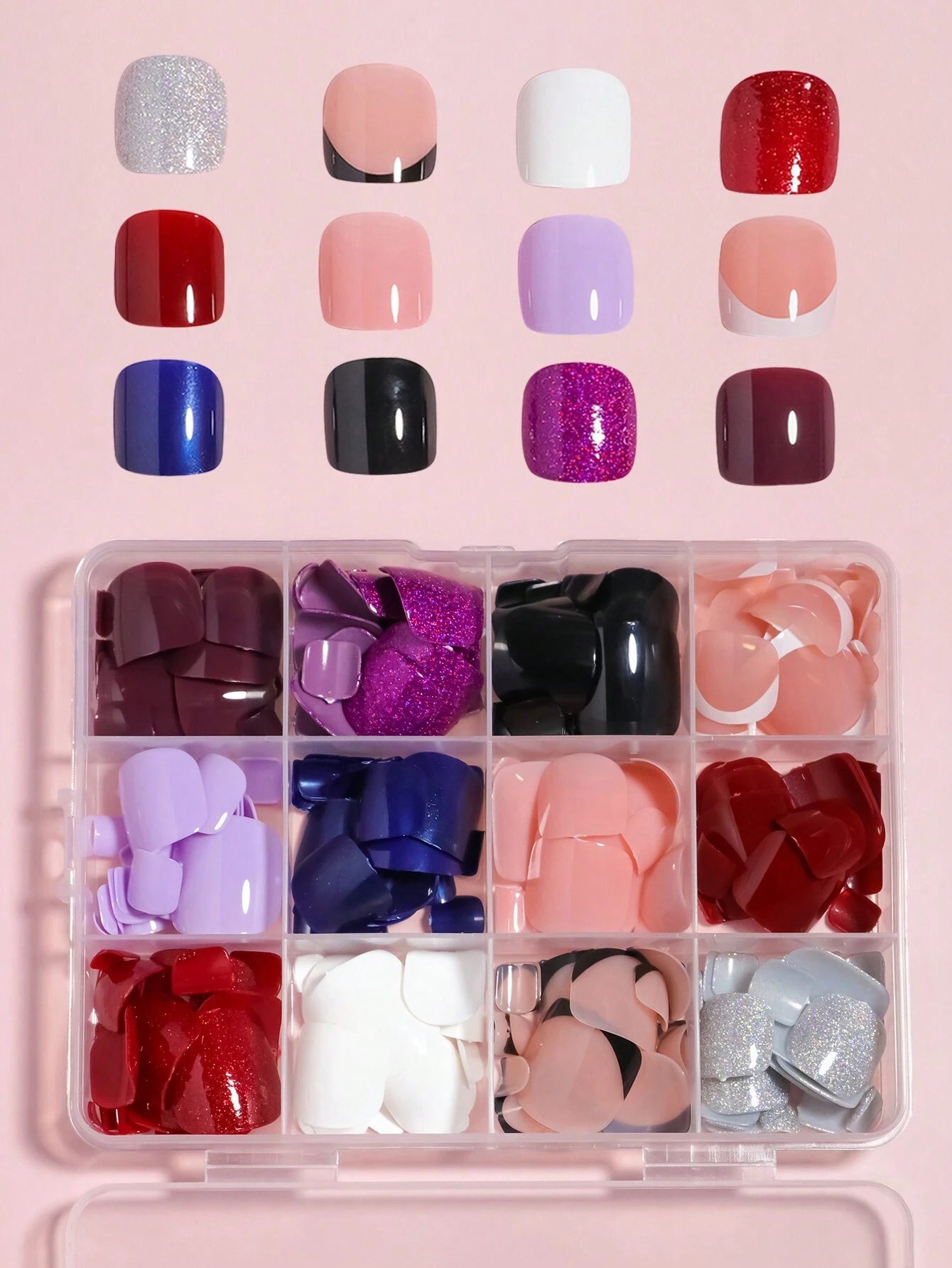 4Packs(96Piece)-Purple/Peach Pink/Sliver/Red Glitter with UV Coating Toenails