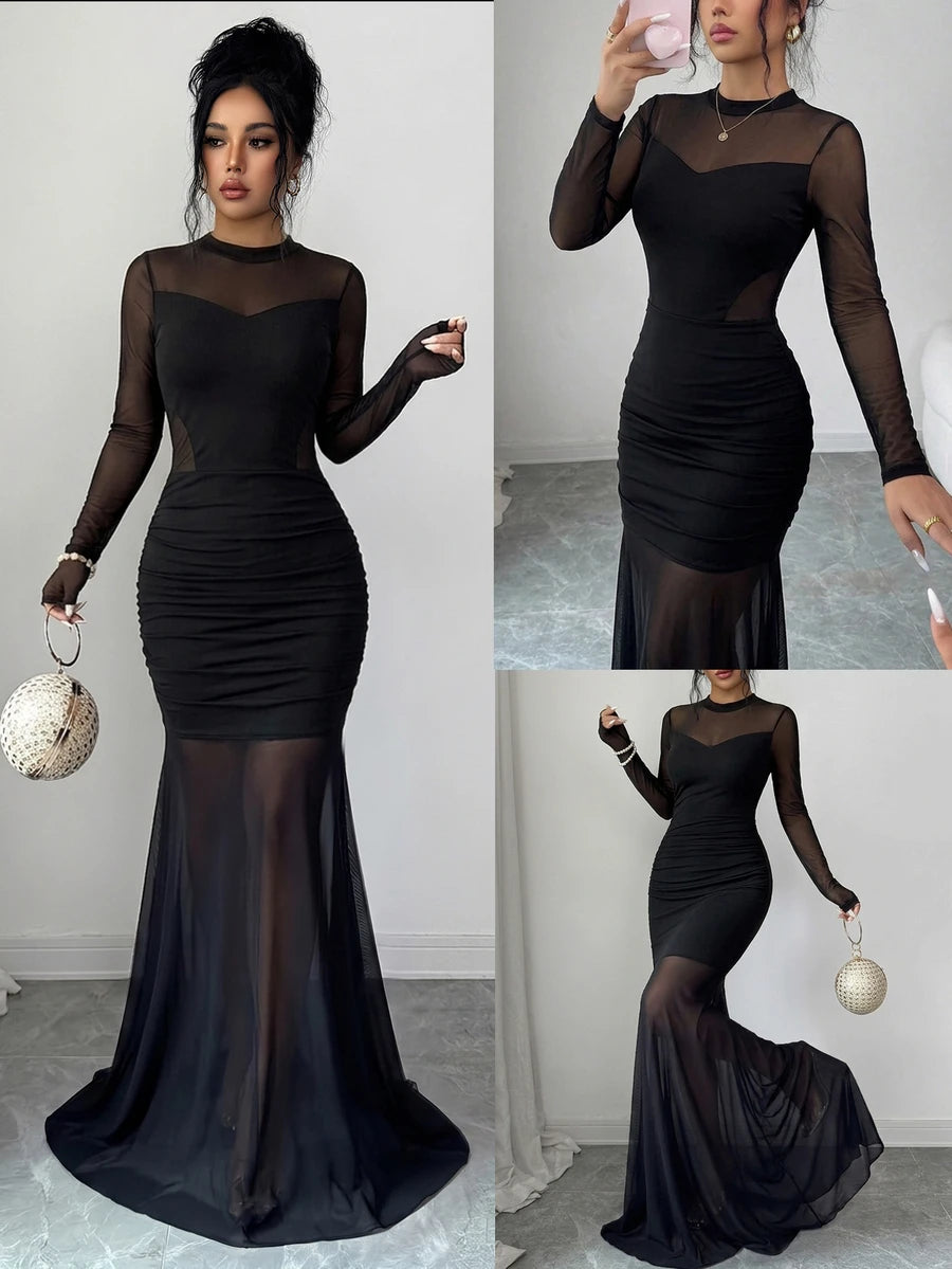 SHEIN Elenzga فستان أسود بتصميم شبكي شفاف وياقة دائرية وتنورة كاملة